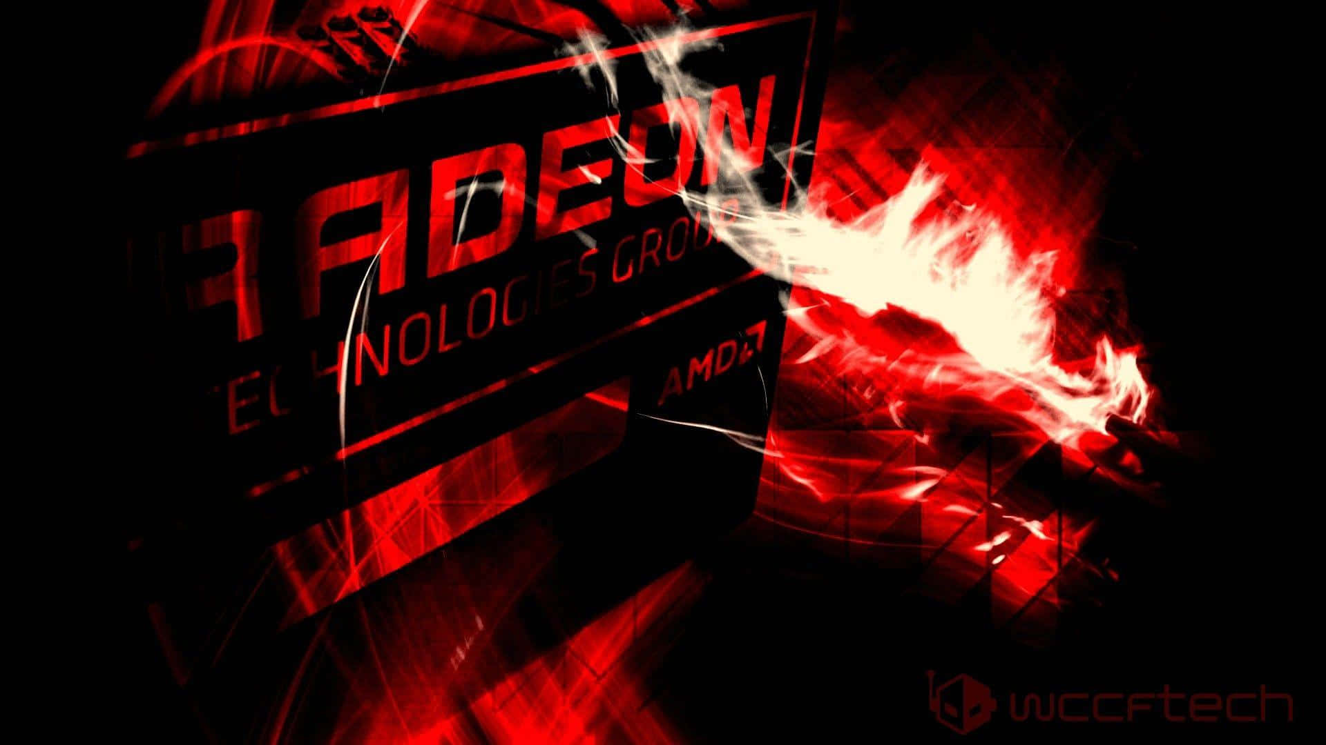 紅色 Radeon Technologies Group 標誌，帶有火熱的數位效果，背景為黑色。