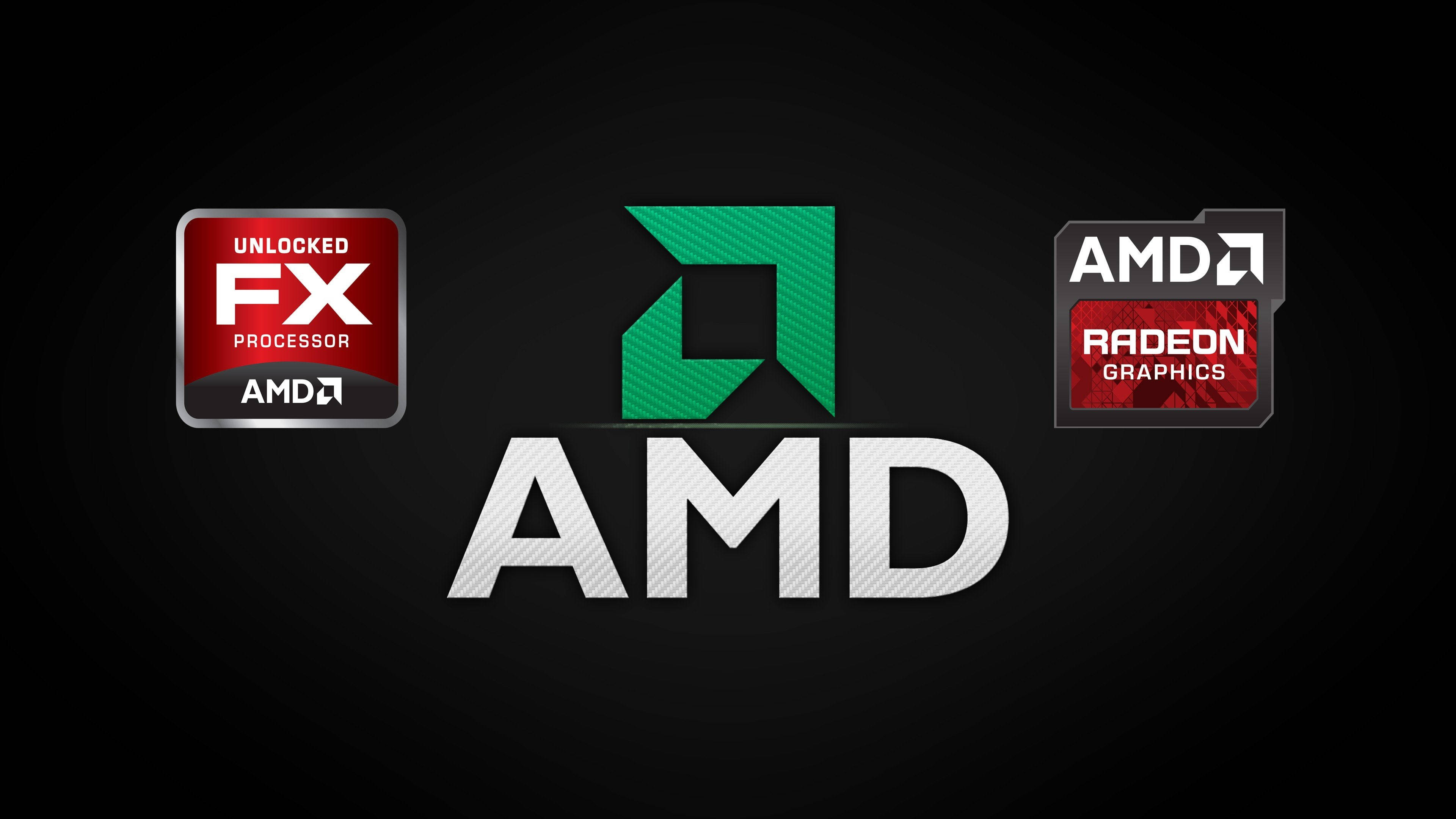 4K 桌布 壁紙 — AMD 標誌，帶有 FX 處理器和 Radeon 圖形徽章，位於深色背景上。