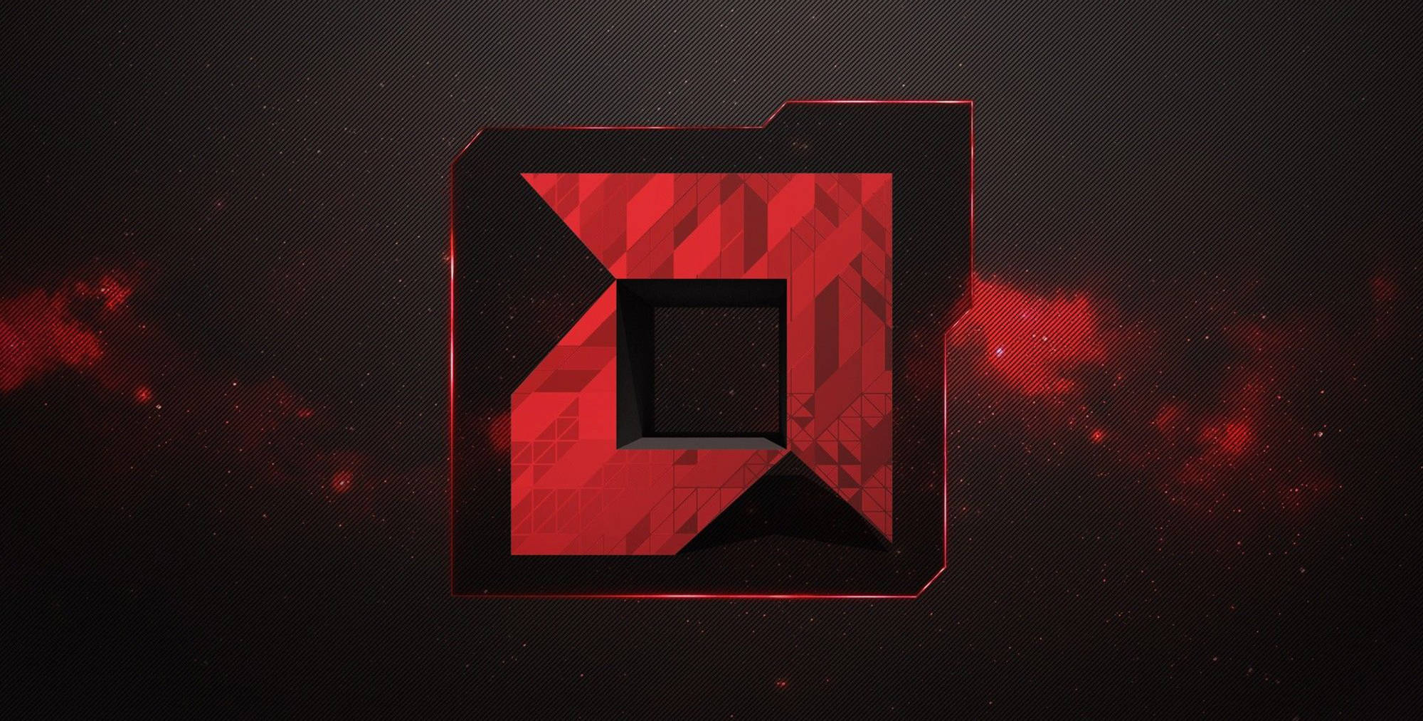 AMD 標誌銀河插畫 壁紙 — 一個大膽的紅色幾何標誌，帶有切割面設計，在黑暗的宇宙背景中閃耀，伴隨著紅色星雲。