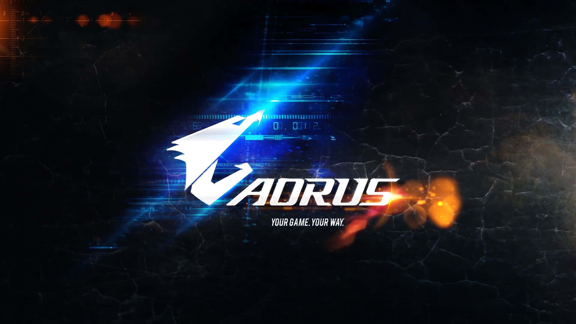 Gigabyte Aorus 遊戲標誌，在破裂的黑暗背景上帶有藍色和橙色燈光效果。
