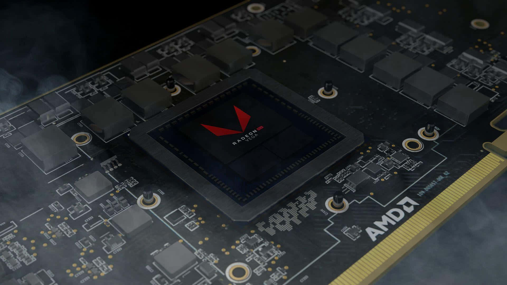 AMD Radeon 顯示卡特寫，帶有發光的紅色標誌和電路。