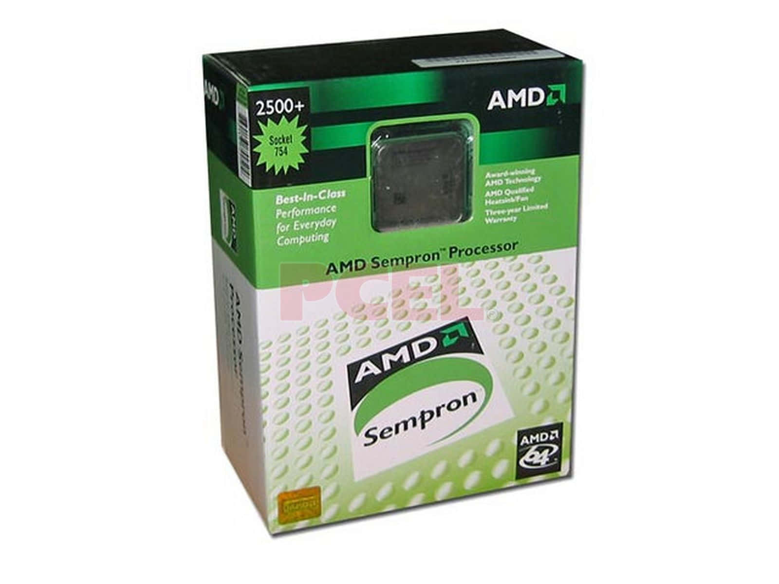 AMD Sempron處理器零售盒，綠色和白色設計。