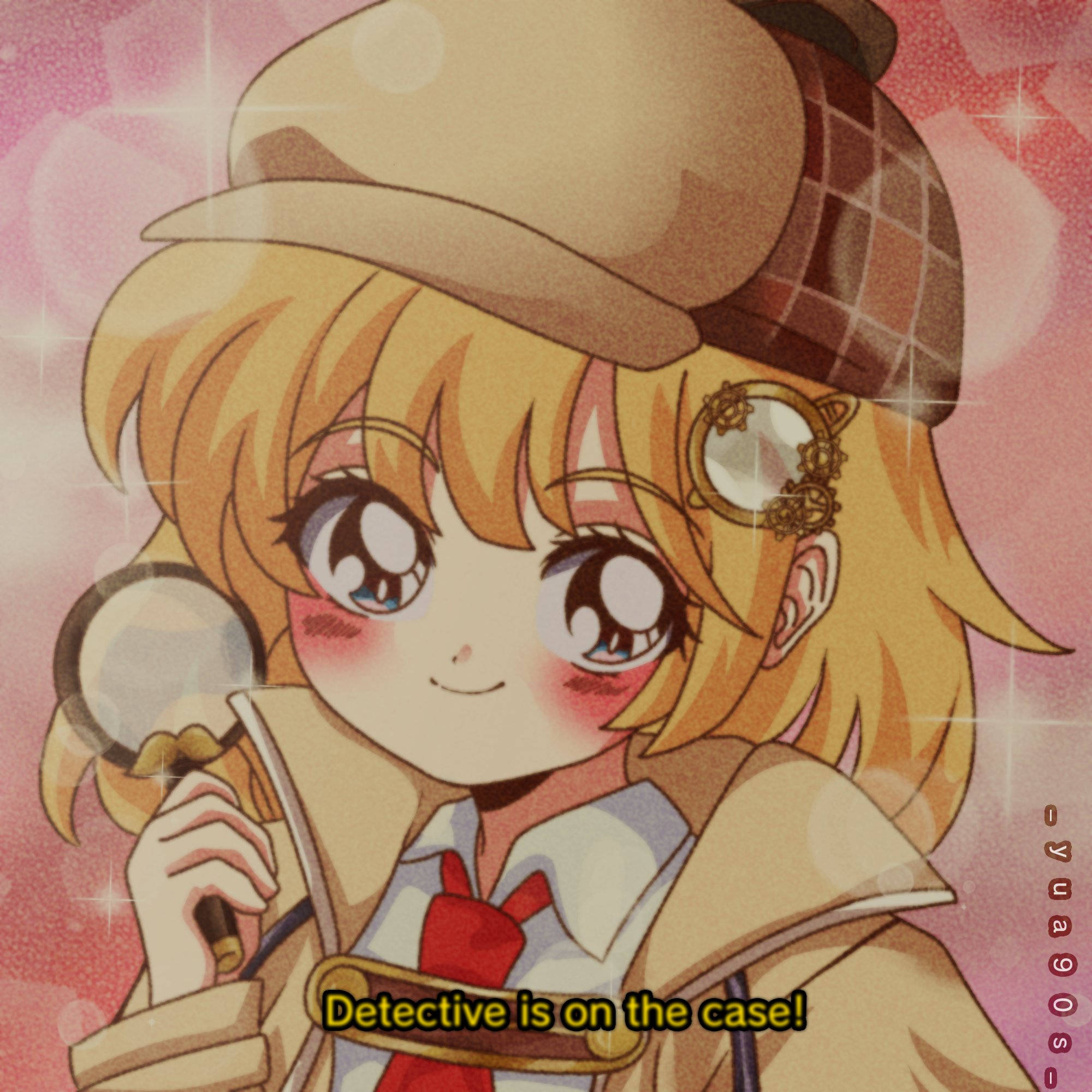 Amelia Watson 可愛復古動漫風格 壁紙 — 一位開朗的金髮動畫偵探女孩拿著放大鏡，在閃爍的粉紅色背景前微笑。
