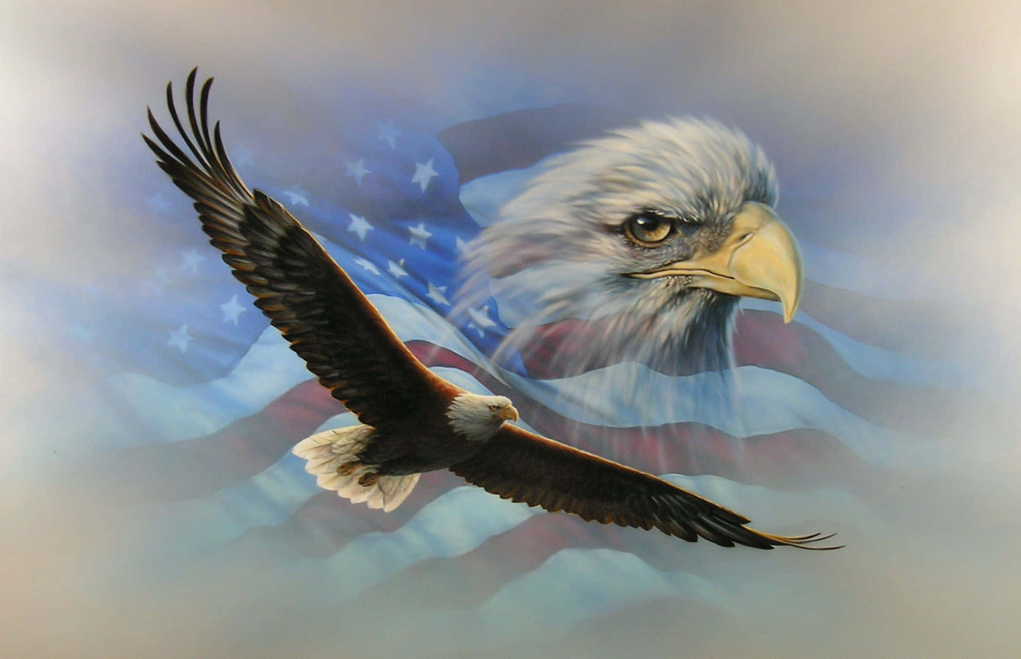 與American Eagle一同翱翔天際 壁紙 — 一隻雄偉的白頭鷹展翅翱翔，背景是柔軟雲層中飄揚的美國國旗。