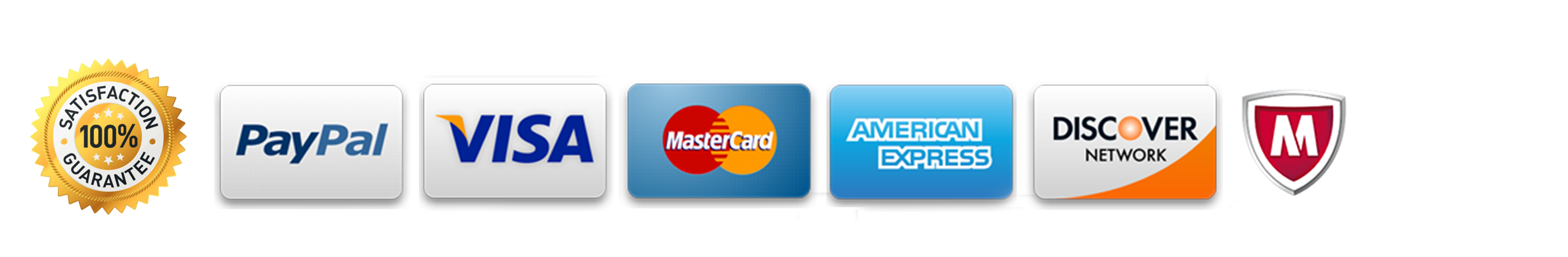 附帶 American Express 的線上付款選項 壁紙 — 一個黑色橫幅顯示付款標誌，包括 PayPal、Visa、MasterCard、American Express、Discover 和 McAfee Secure，並附有滿意保證印章。