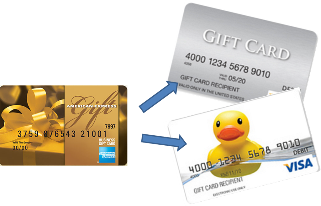 American Express 禮品卡轉換示意 壁紙 — 三張禮品卡，附有箭頭顯示從美國運通轉變為Visa，採用橡膠鴨設計。