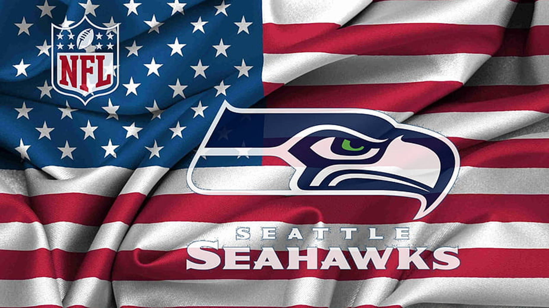 Seattle Seahawks 桌布 壁紙 — 美國國旗布料在西雅圖海鷹隊NFL標誌和球隊名稱的粗體白色文字後方飄揚。