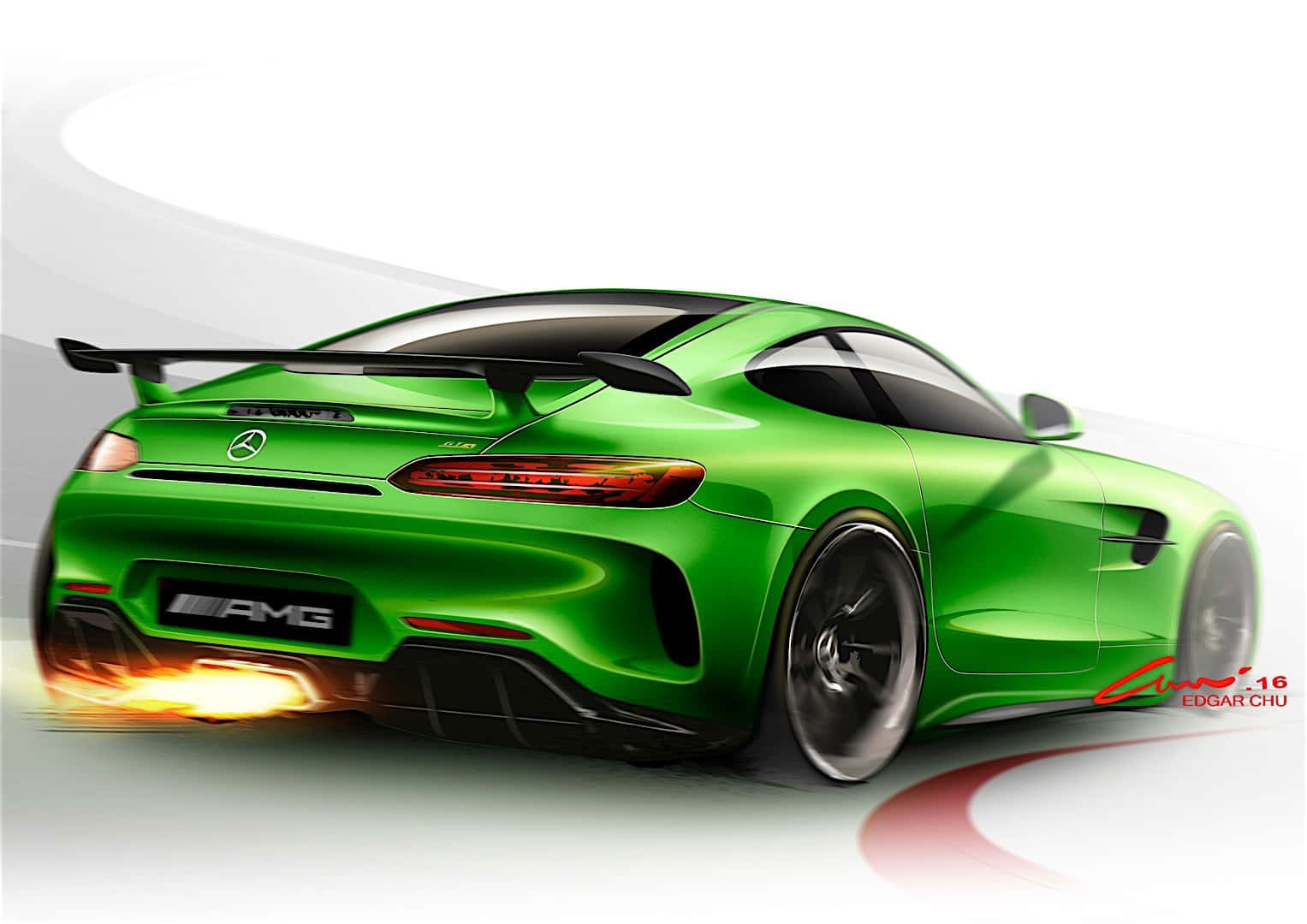 最出色的AMG GT-R C 190 2016背景 壁紙 — 一輛充滿活力的綠色Mercedes-AMG GT賽車，帶有發光的排氣火焰和動態模糊，背景為簡約白色。