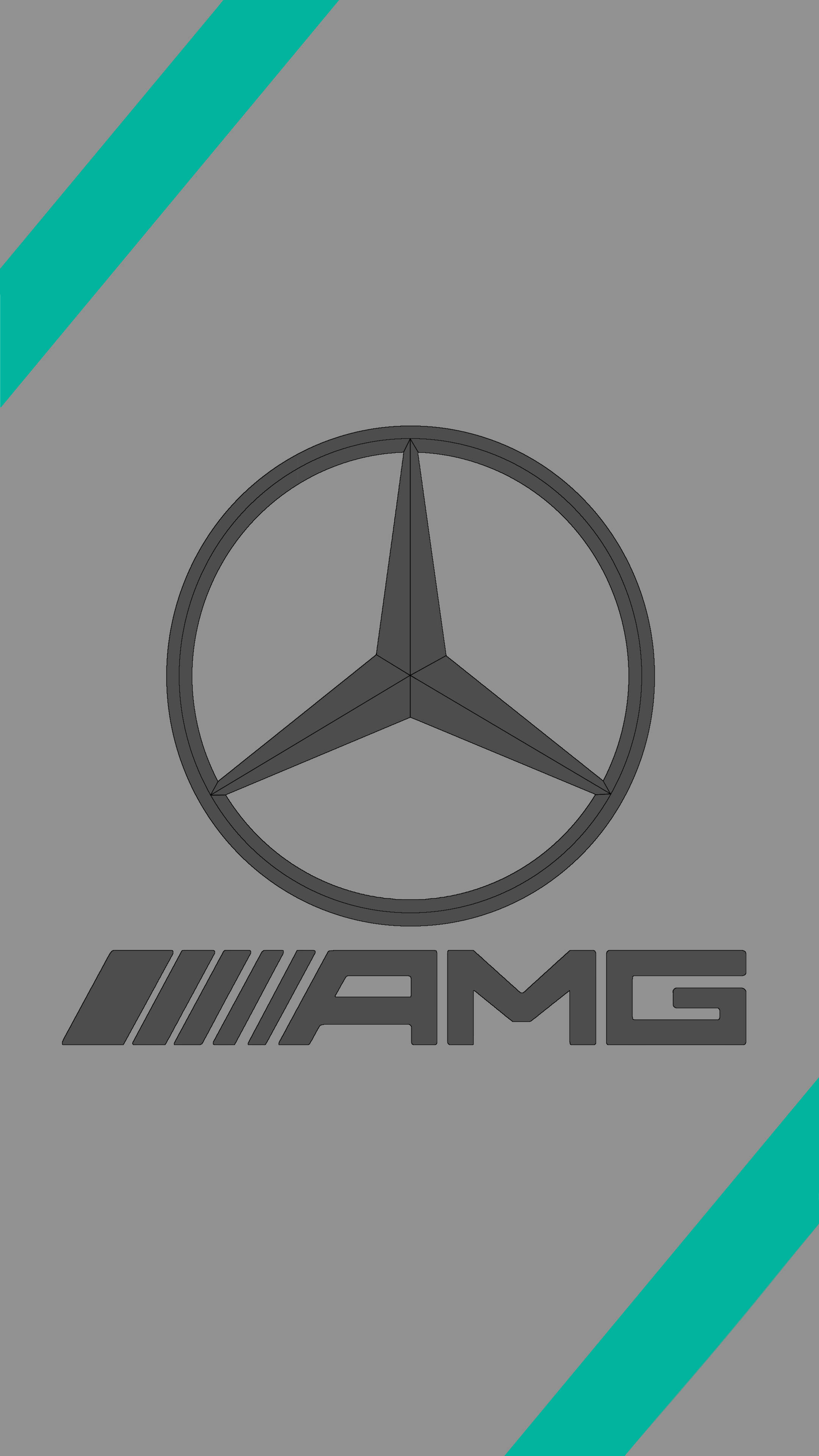 銀色梅賽德斯-AMG 標誌 iPhone 壁紙 — 簡約灰色牆紙，帶有 Mercedes AMG 標誌和青綠色斜紋。
