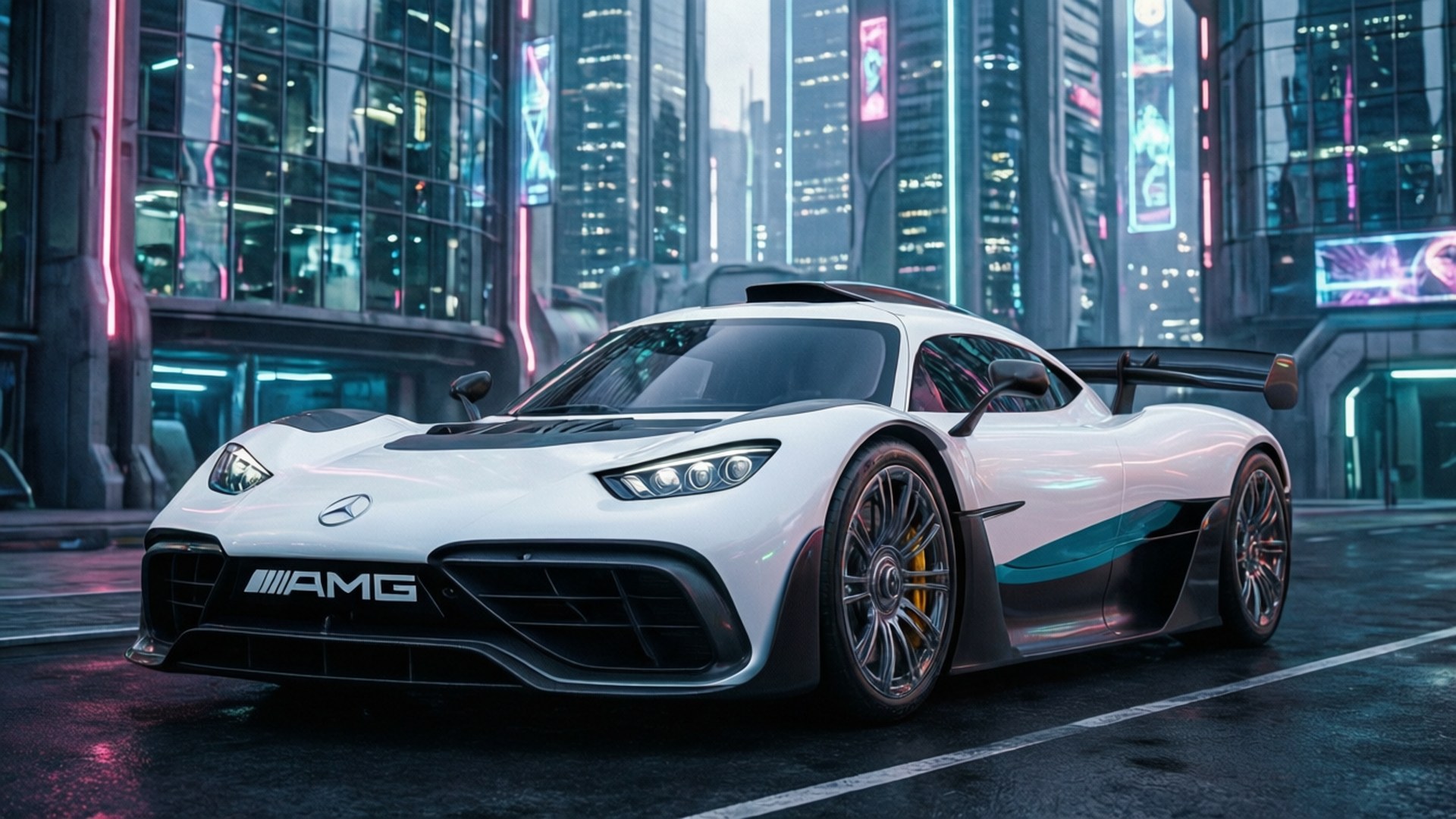 夜間在霓虹燈照亮濕漉漉的城市街道上的白色 Mercedes-AMG GT 跑車。