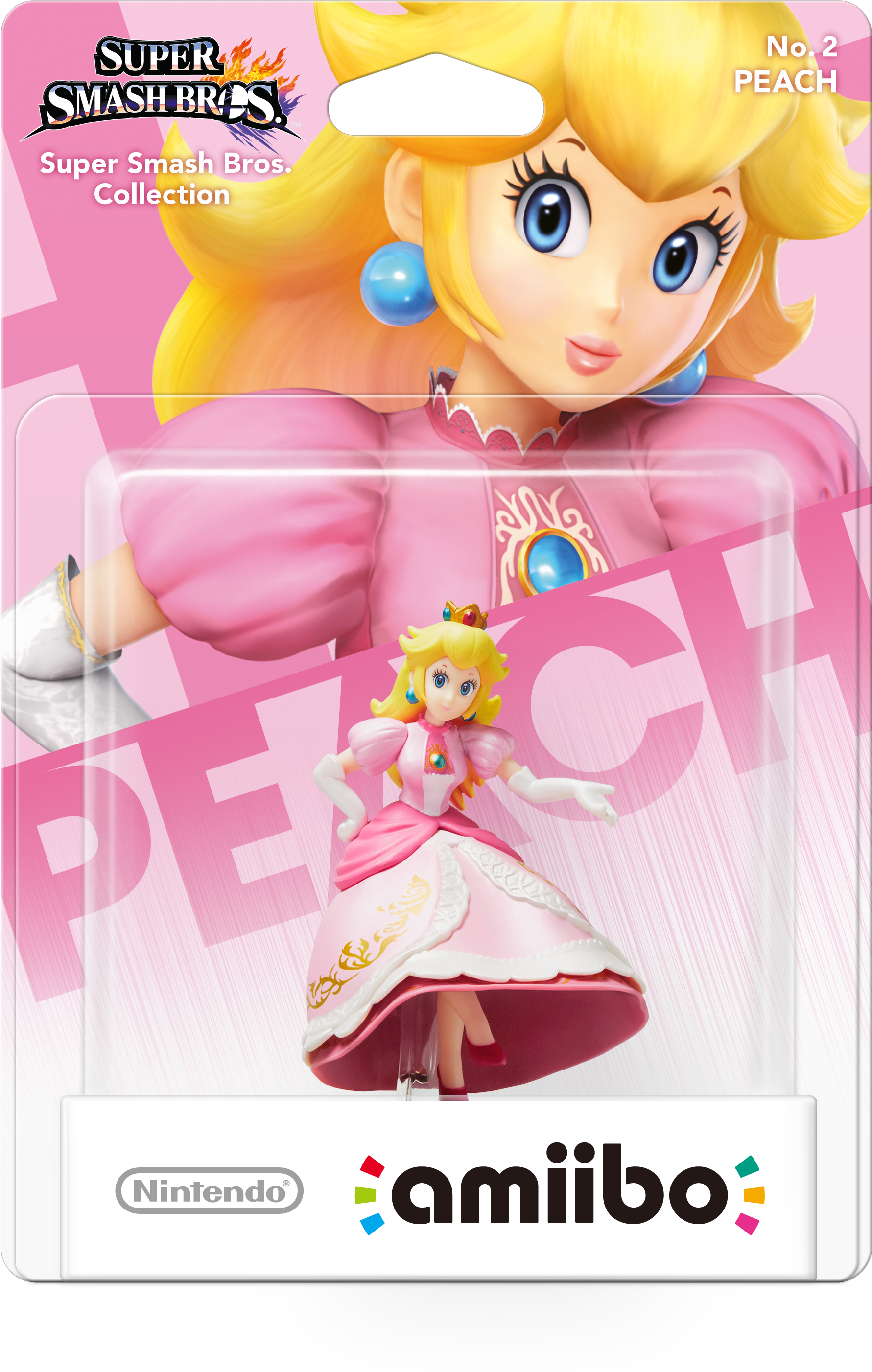 碧姬公主Amiibo包裝 壁紙 — Super Smash Bros. 的粉紅色包裝 Peach 公主 amiibo 人偶，上方有她較大的插圖肖像。
