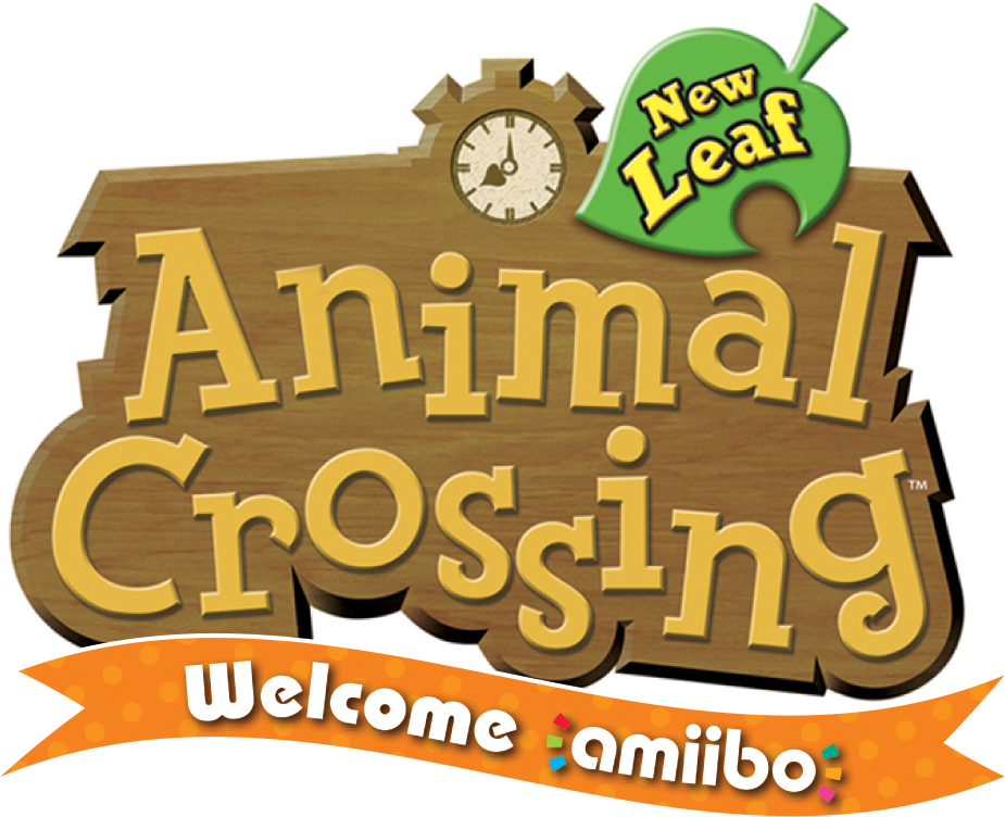 動物森友會新葉版歡迎 Amiibo 標誌 壁紙 — 一個木牌，上面有粗體黃色字 'Animal Crossing New Leaf'，頂部有時鐘和綠色葉子標誌，下方有橙色橫幅寫著 'Welcome amiibo'。