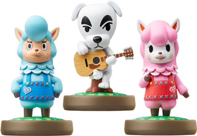 動物森友會 amiibo 角色公仔 壁紙 — 三個風格化的動物森友會 amiibo 人偶並排站立，其中一個拿著結他。