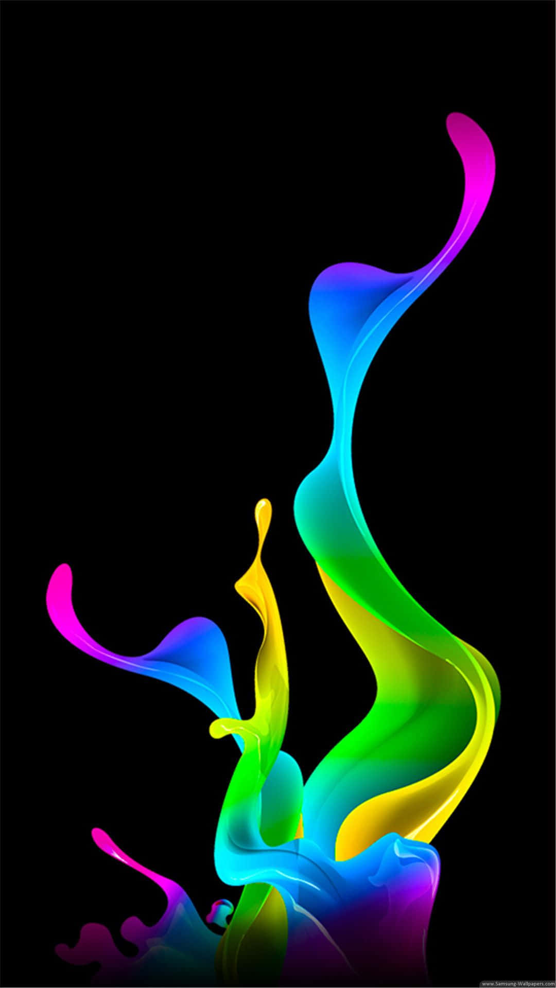享受三星 AMOLED 顯示屏的鮮豔清晰影像 壁紙 — 鮮豔的彩虹色液體絲帶在純黑色背景上動態流動。