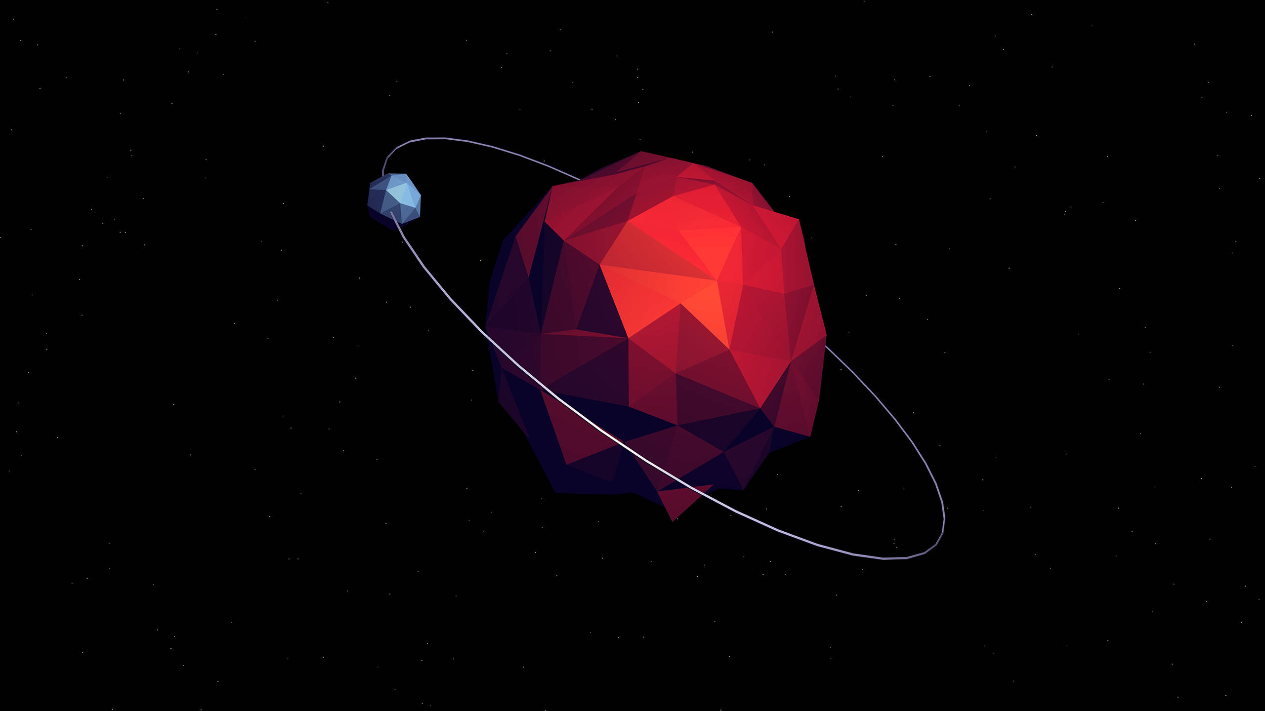 AMOLED 紅色低多邊形行星 4K 壁紙 — 一個低多邊形紅色行星，帶有發光環和小衛星，在繁星點點的黑色太空背景下運行。