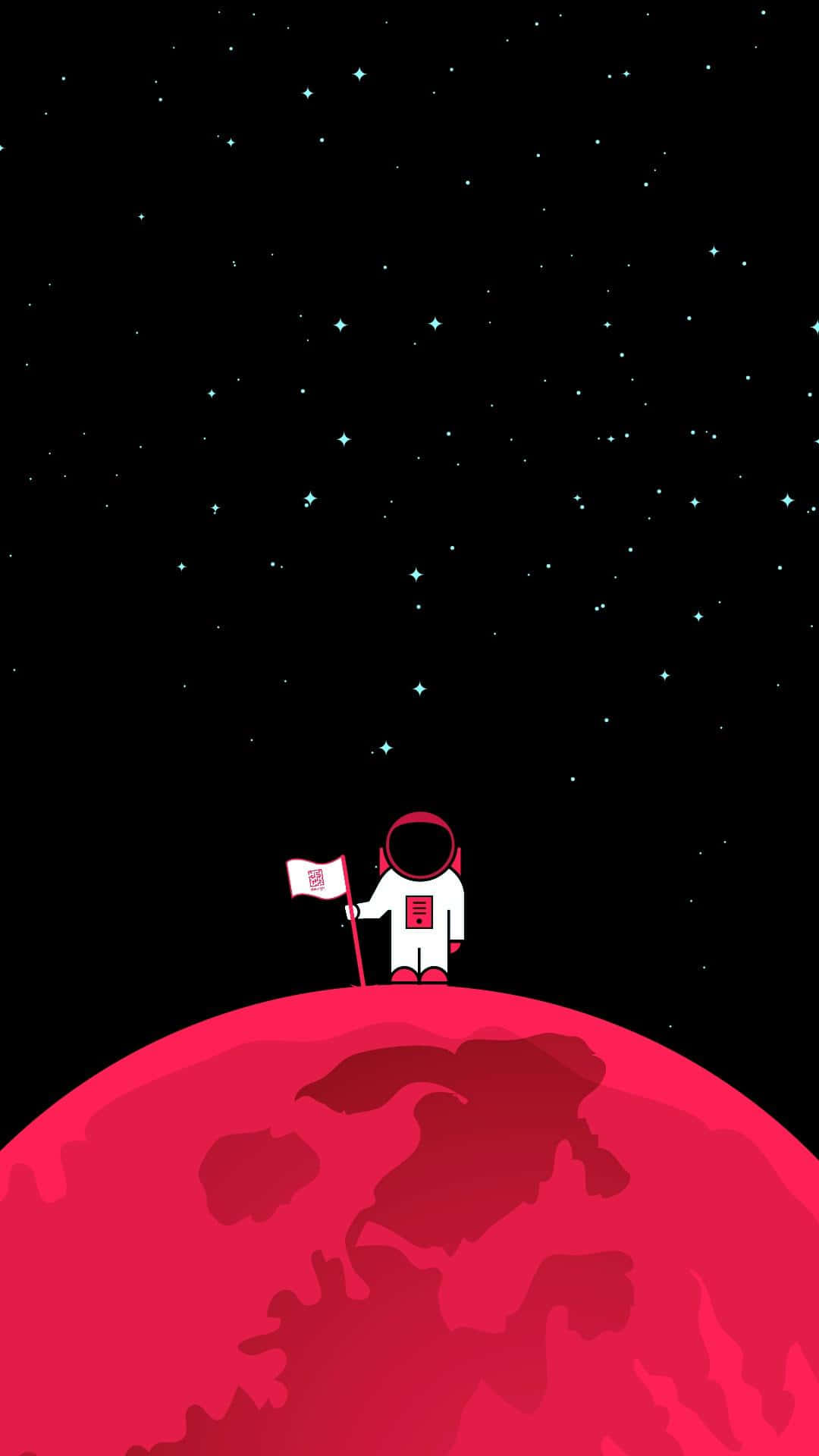 AMOLED背景：宇航員站在紅色星球上 壁紙 — 一個孤獨的太空人站在紅色行星頂上，在繁星點點的黑天下插旗。