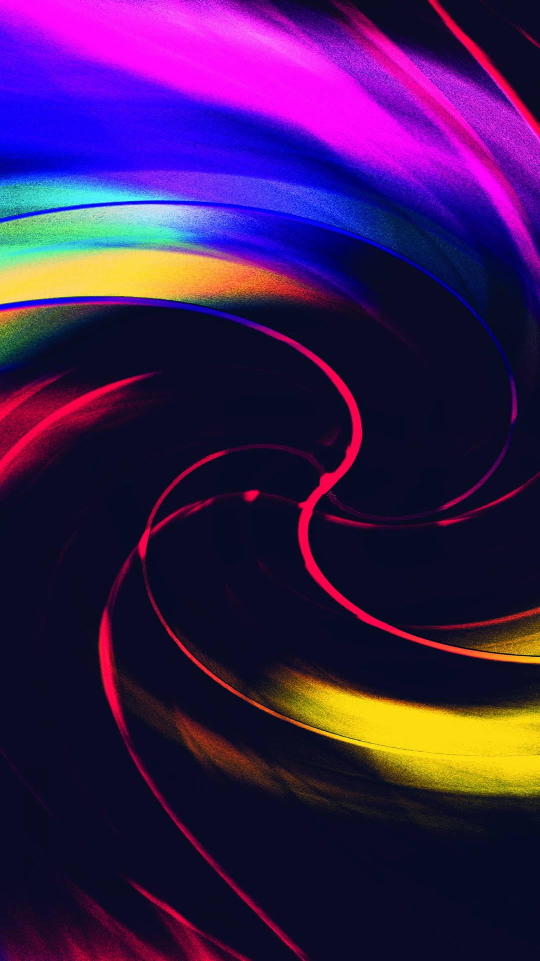 色彩繽紛 AMOLED — 適用於任何裝置的動態壁紙 壁紙 — 紫色、粉紅色、黃色和藍色的鮮豔霓虹漩渦在黑暗畫布上以動態抽象運動劃過。