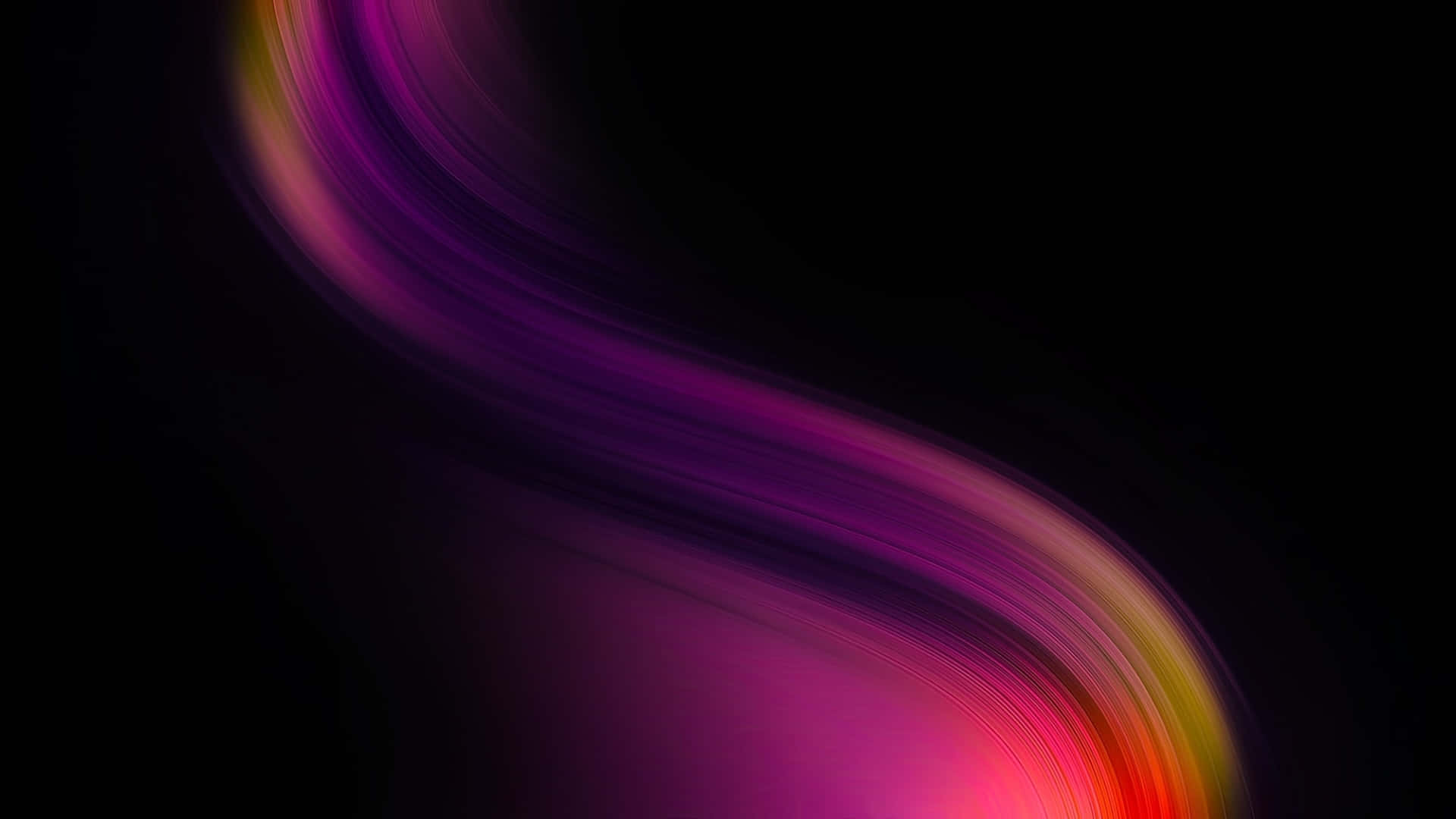 霓虹紫色 高清 AMOLED 壁紙 — 一條充滿活力的洋紅色粉紅和黃色漩渦絲帶橫跨深黑色背景。