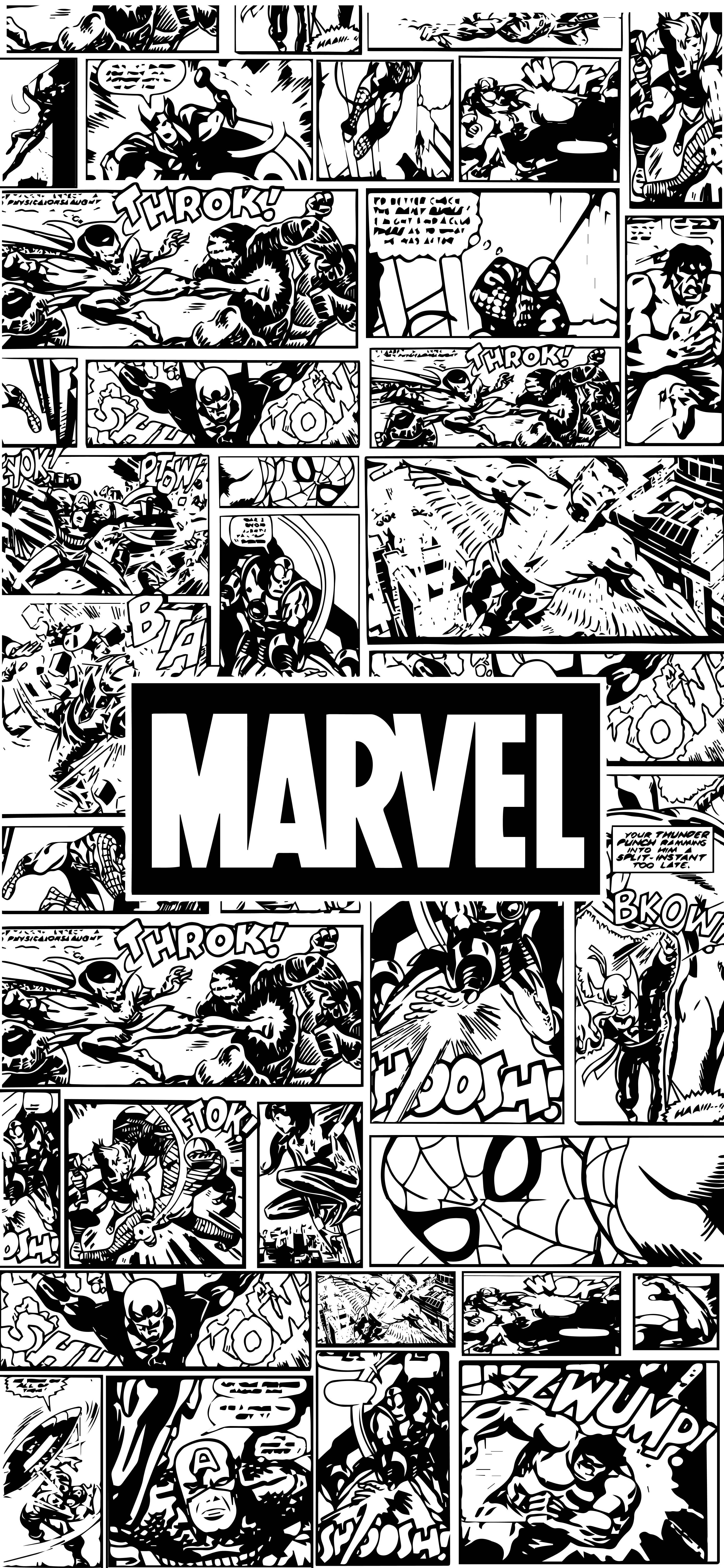 AMOLED Android 漫威漫畫 壁紙 — 動態黑白漫畫拼貼畫， featuring Marvel 英雄與反派在充滿動作的畫面中，搭配大膽的音效。
