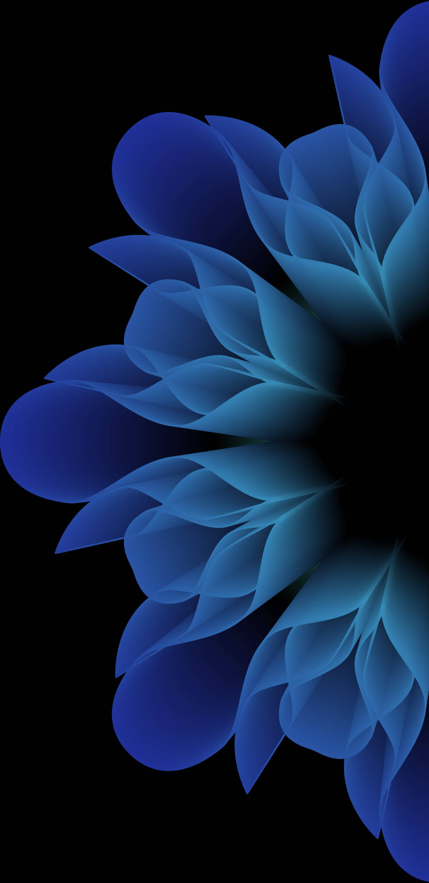AMOLED Android 純色淡藍花朵 壁紙 — 一朵風格化的藍色抽象花朵，帶有層層疊疊的花瓣，在深黑色背景上柔和地散發光芒。