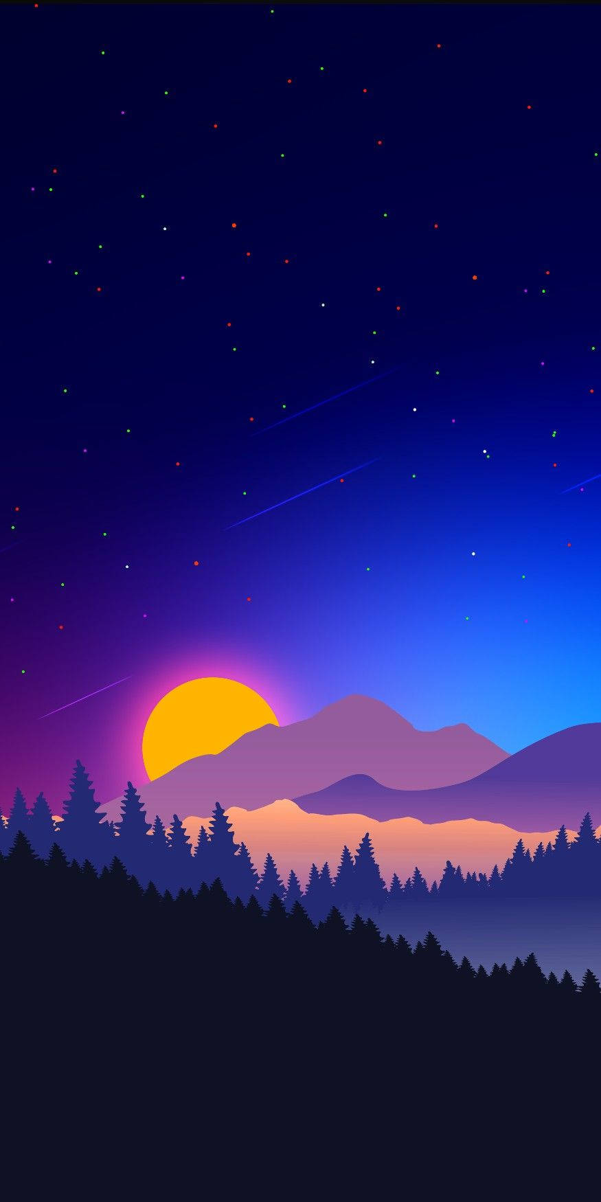 在星空黃昏天空下，紫色山脈和森林，有發光的太陽和流星。