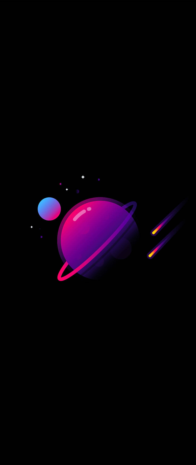 在黑暗太空中，一顆帶有粉紅色環和藍色衛星的鮮豔紫色行星，點綴著星星。