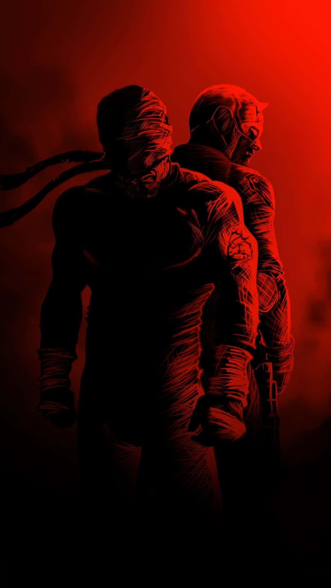 AMOLED背景 Daredevil 紅黑配色 壁紙 — 兩名蒙面義警在強烈的紅光中背光站立，帶有戲劇性的陰影和粗糙的紋理。