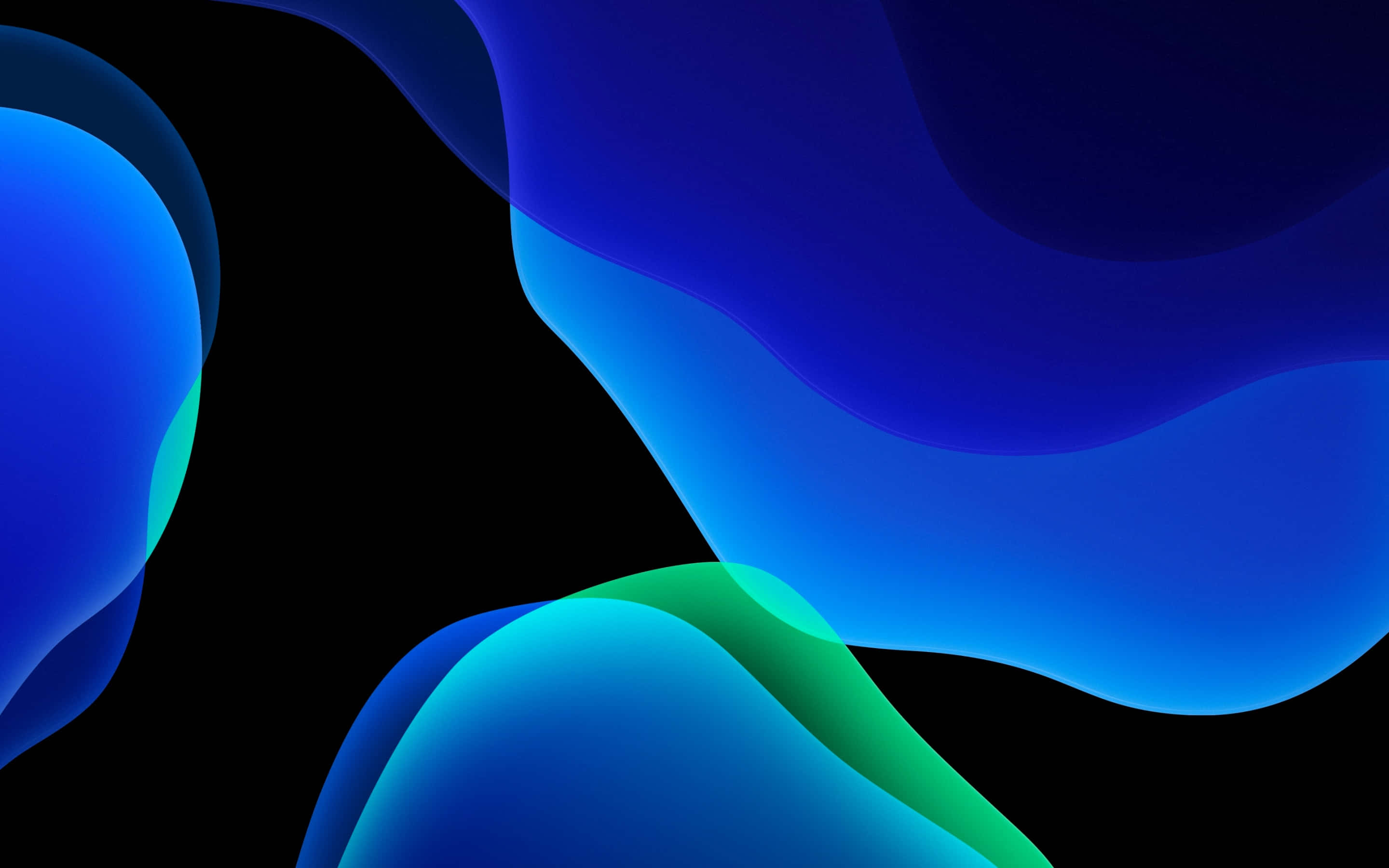 以 AMOLED 筆記型電腦體驗永不間斷的多彩世界 壁紙 — 充滿活力的藍色和藍綠色流體形狀在深黑色背景上優雅地流動，創造出現代數位抽象構圖。