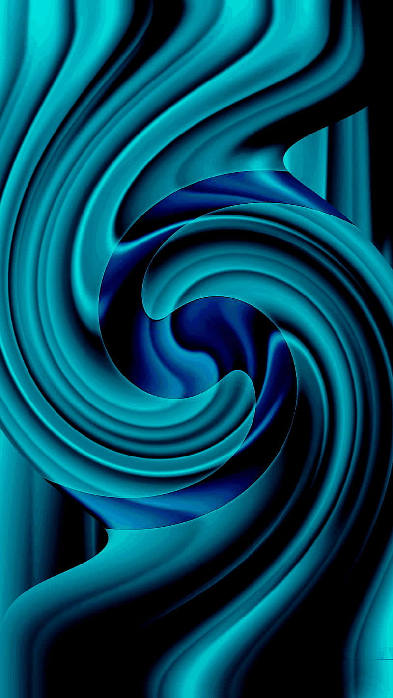 AMOLED S 抽象藝術 壁紙 — 充滿活力的藍綠色和深藍色液體狀漩渦在黑色背景上形成催眠般的螺旋。