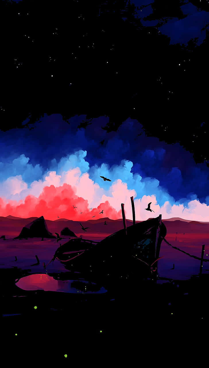 AMOLED S 美麗多彩風景 壁紙 — 一艘船的剪影停泊在黑暗的海岸上，下方是充滿活力的暮色天空，繪有火紅的雲彩和深藍色調。