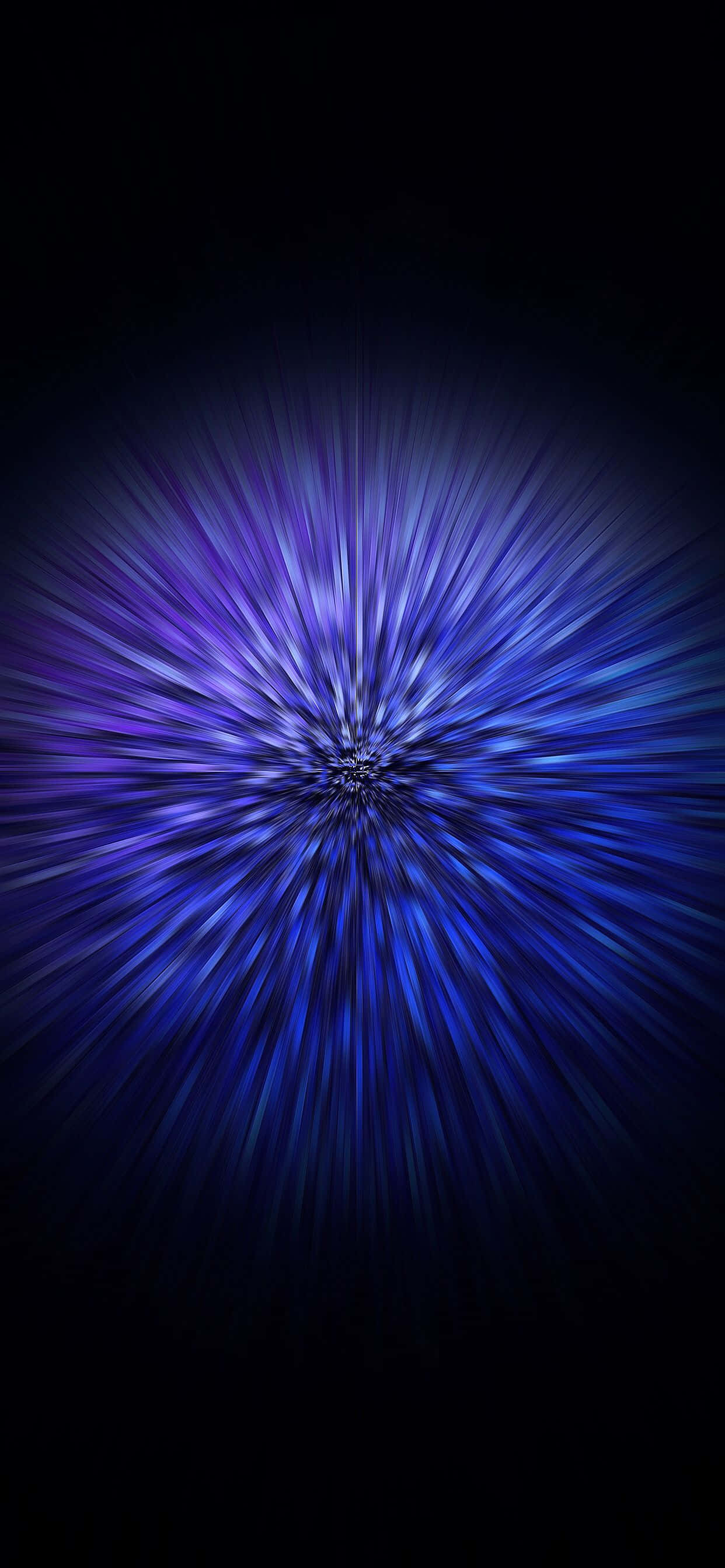 藍色 AMOLED 黑底爆炸場景 壁紙 — 一道耀眼的藍色和紫色宇宙爆發從中心點在黑色虛空中爆炸開來。