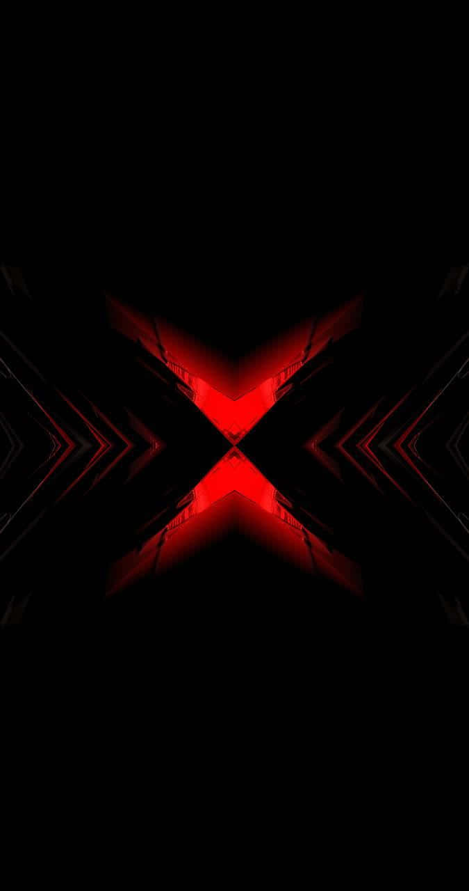 AMOLED S紅黑平行自由形態 壁紙 — 一個發光的紅色X形光形成從黑暗虛空中輻射出來，帶有對稱的幾何圖案。