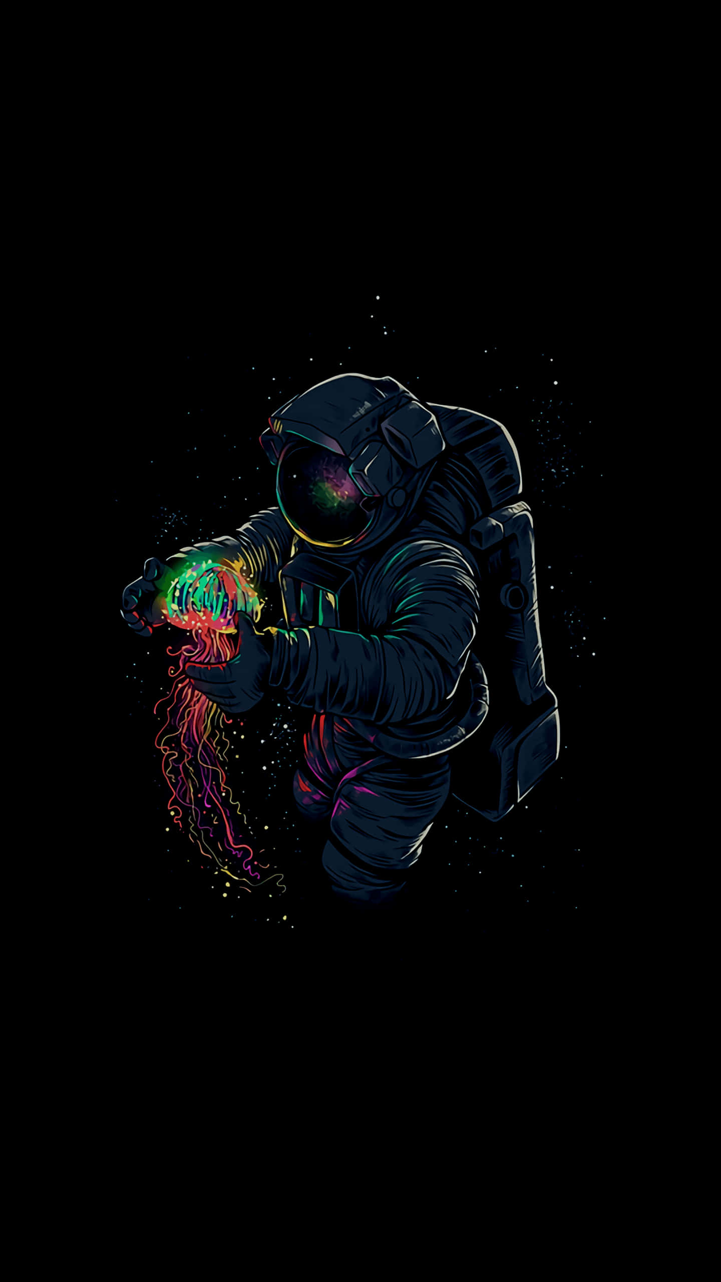 AMOLED背景宇航員與彩色水母星際 壁紙 — 一位身穿深色太空衣的太空人，在繁星點點的黑色虛空中，輕輕捧著一個發光的霓虹水母。