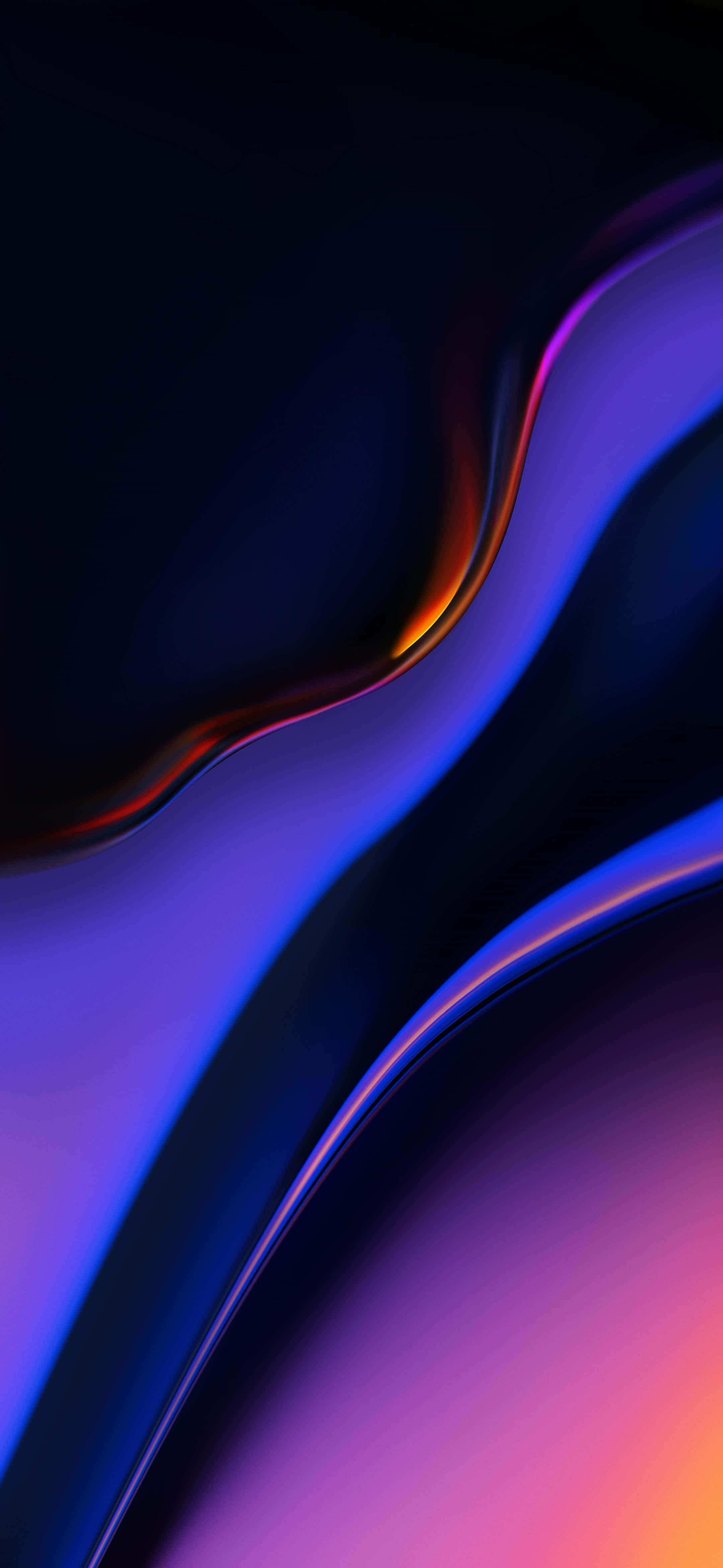 用強勁 Samsung AMOLED 屏幕創造傑作 壁紙 — 深藍色和紫色的時尚抽象波浪，帶有發光的橙色亮點，在黑暗的背景上流動。