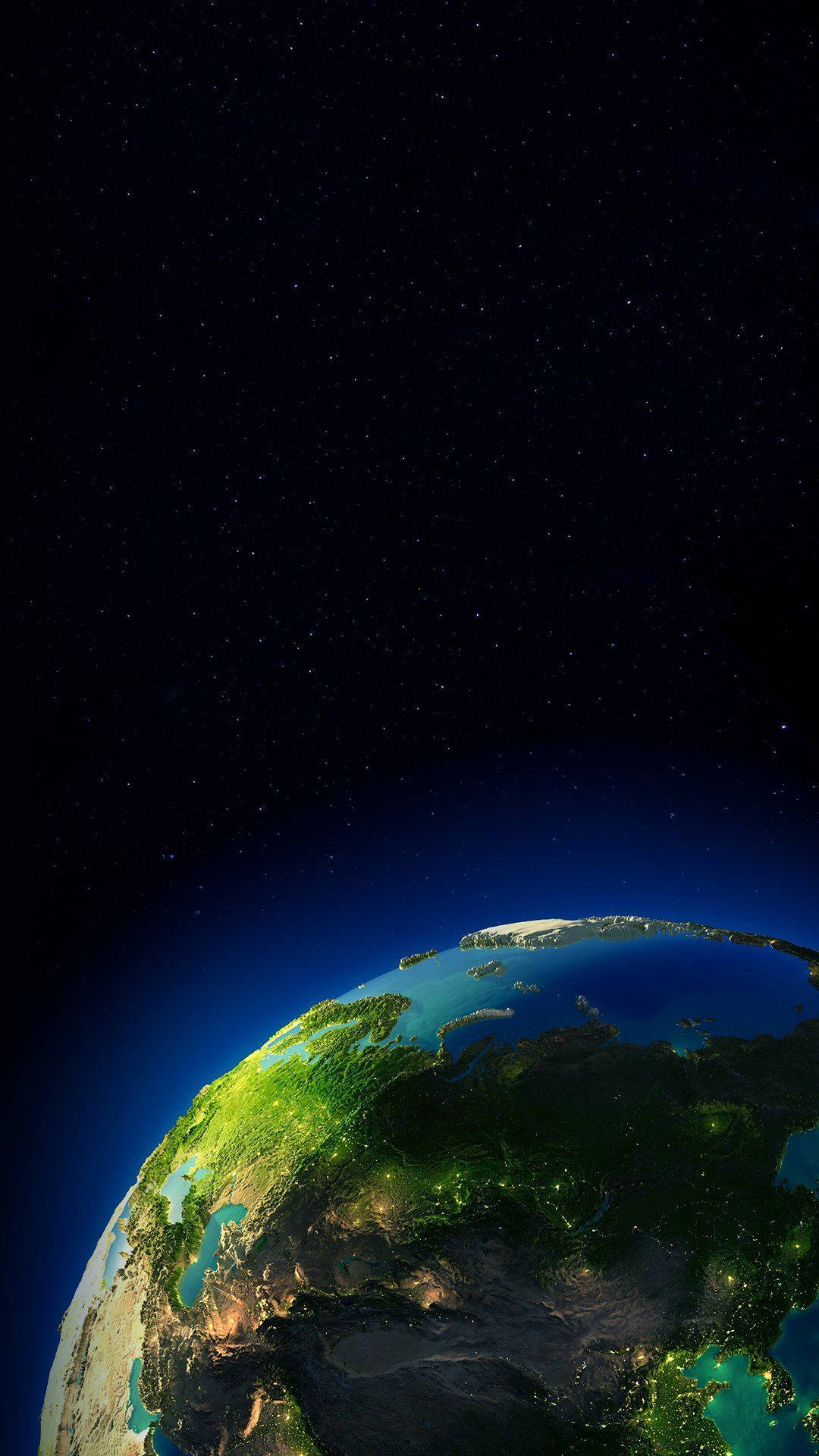 AMOLED 地球 壁紙 — 從太空夜間觀看地球的壯麗景色，城市燈光閃爍，星空漆黑一片。