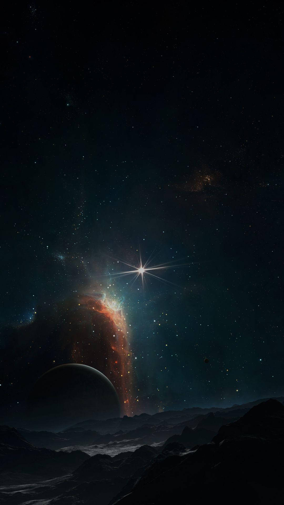 AMOLED 夜空銀河 壁紙 — 宇宙景觀顯示在繁星夜空下，黑暗山峰上方有發光的星雲和明亮的星星。