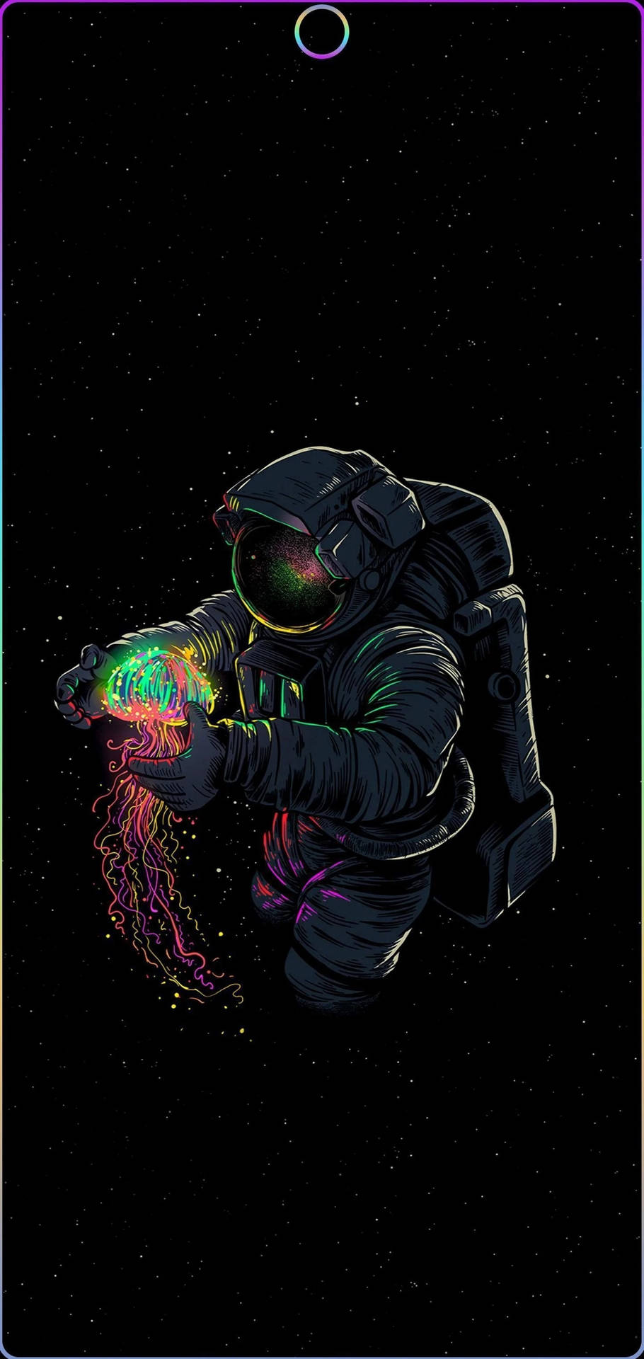 太空人漂浮在太空中，手持發光的霓虹水母。