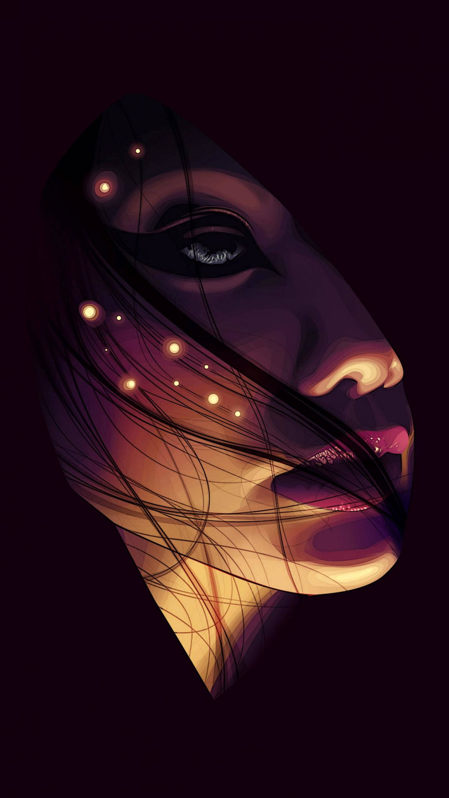 AMOLED 女人臉部 壁紙 — 一個風格化的數碼肖像，描繪一位女性的側面，頭髮中有發光球體，背景為深色。
