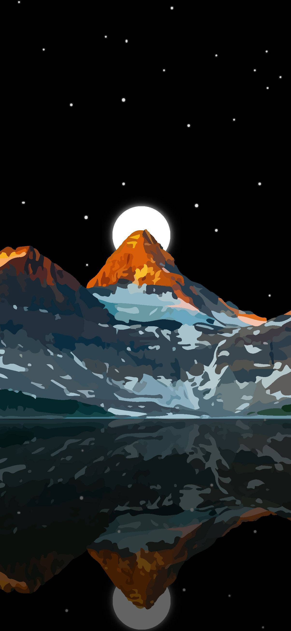 AMOLED 山湖夜景藝術 壁紙 — 在繁星點點的夜空下，一座風格化的山脈，滿月將溫暖的光芒投射在積雪的山峰上，倒映在平靜的水面上。