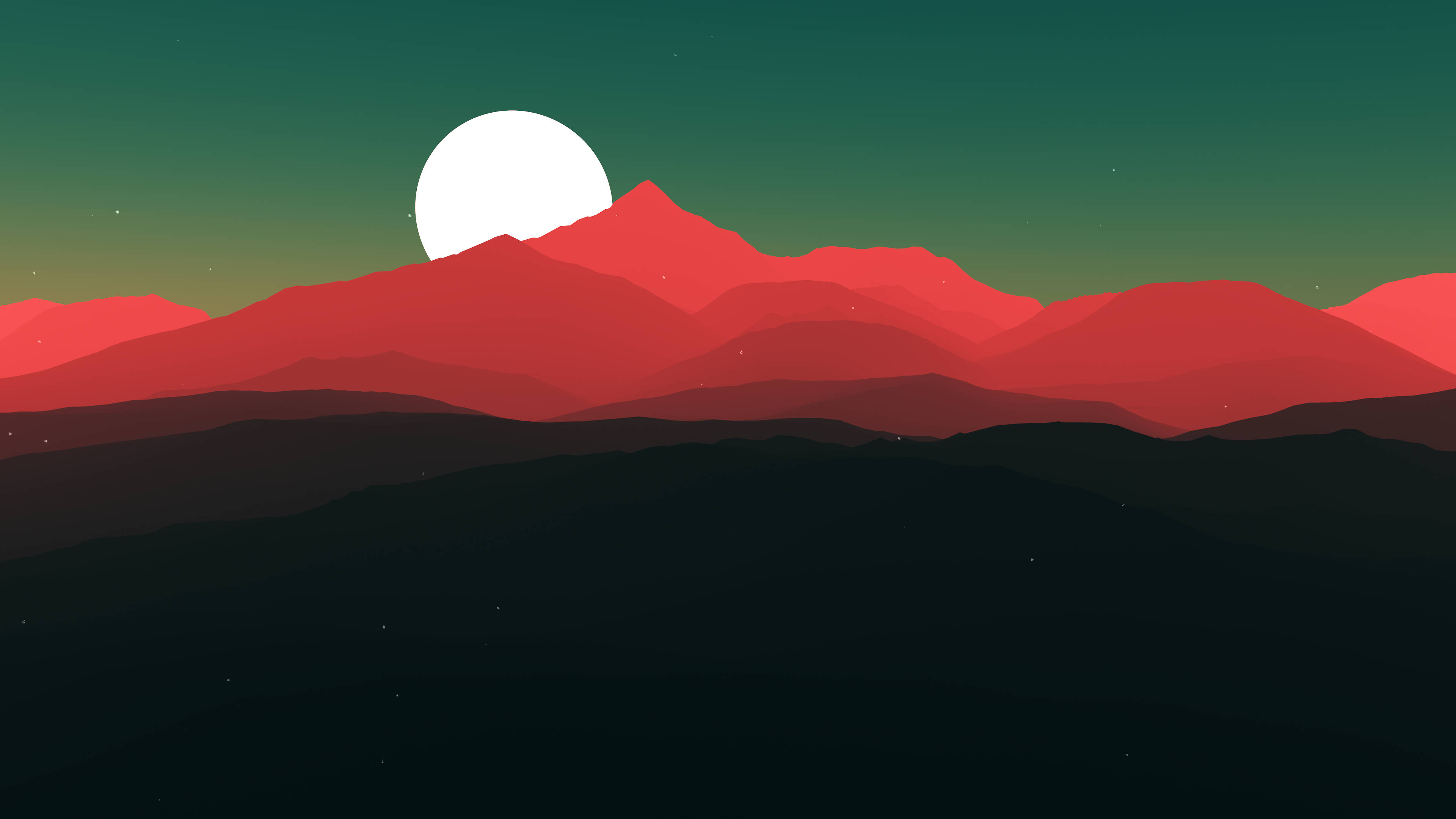 AMOLED 山脈風景 壁紙 — 在白色月亮下，以漸變綠色天空為背景，沐浴在紅色色調中的風格化山脈。