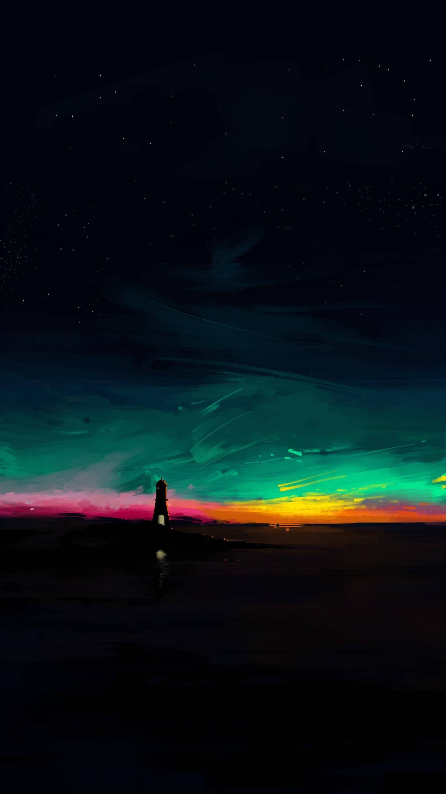 AMOLED 彩色天空 壁紙 — 燈塔在充滿活力的北極光下呈現剪影，北極光將夜空塗成電光綠、粉紅和黃色。