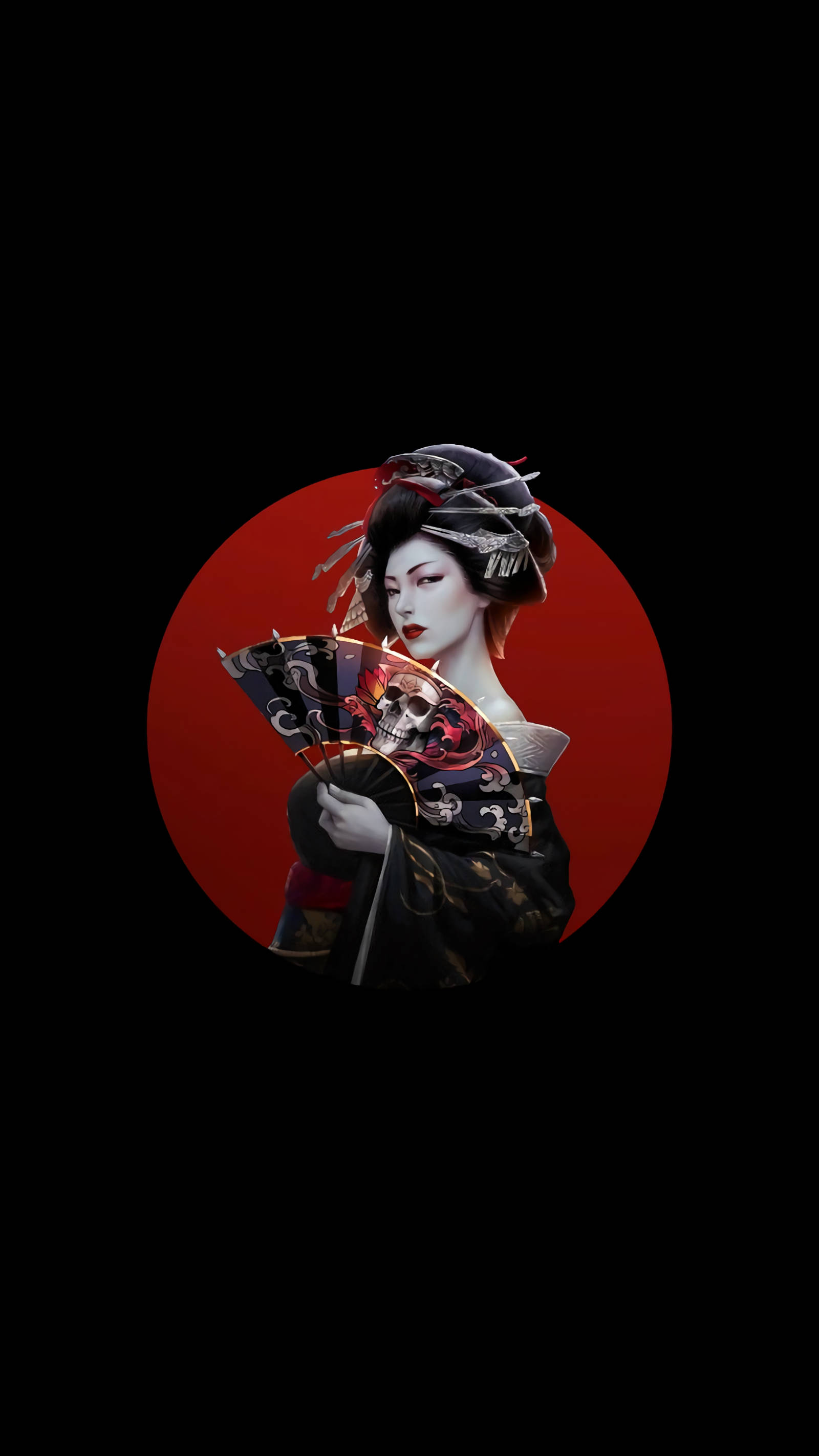 AMOLED 日本藝伎 壁紙 — 一位風格化的藝妓，化著深色妝容，戴著華麗的頭飾，手持一把帶有骷髏圖案的扇子，背景是鮮紅色的圓形。