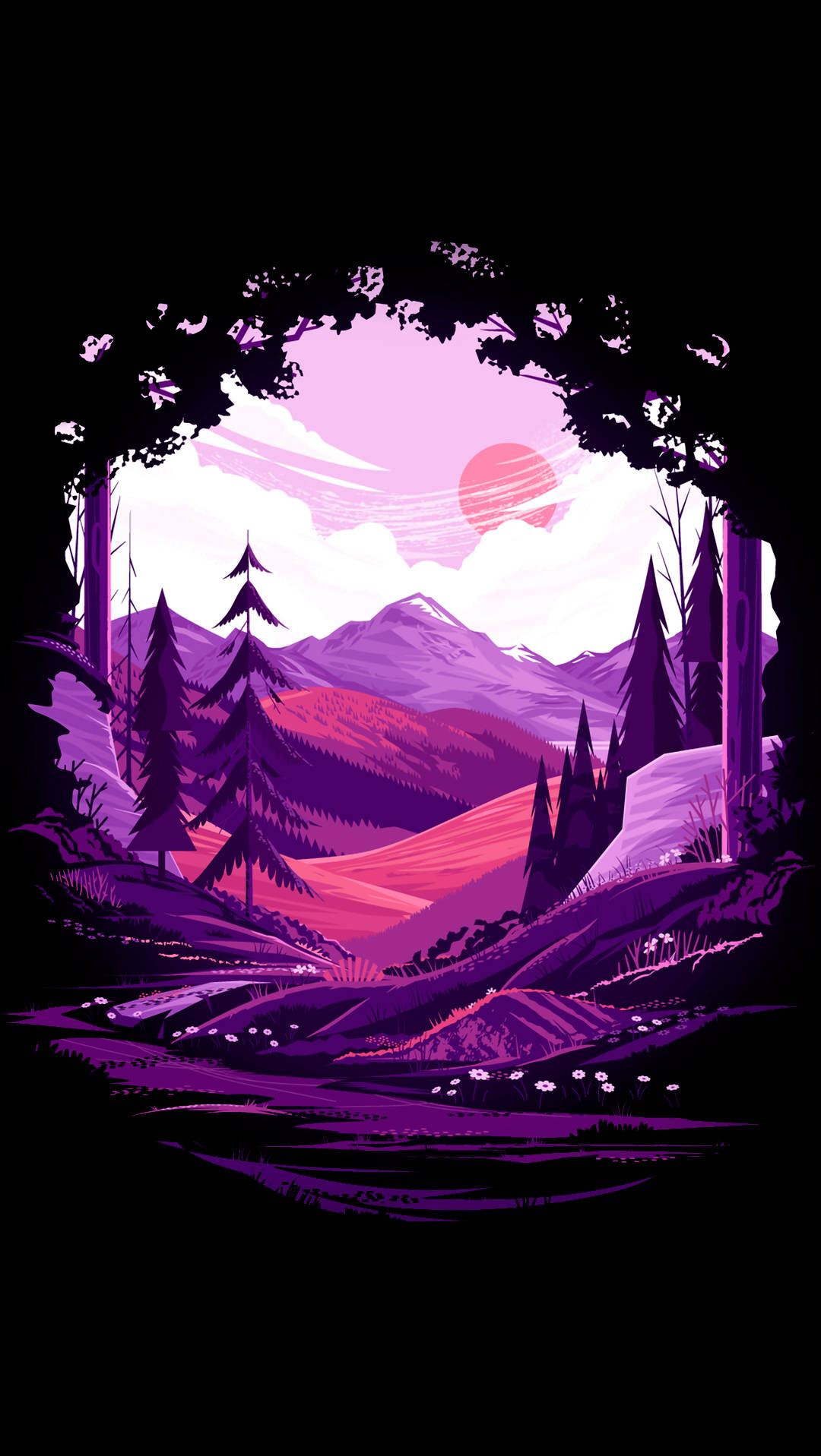 AMOLED 紫色風景 壁紙 — 一個風格化的紫色和粉紅色山谷，被黑暗的樹木框住，在發光的日落天空下。