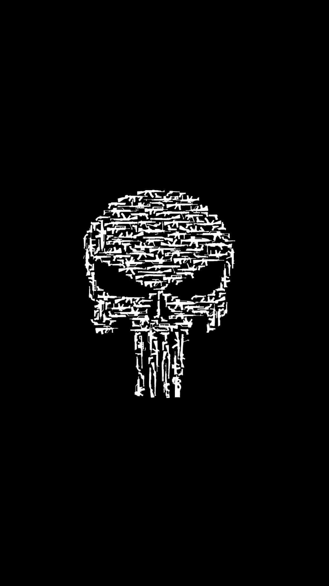 黑色背景上由塗鴉組成的白色 Punisher 骷髏