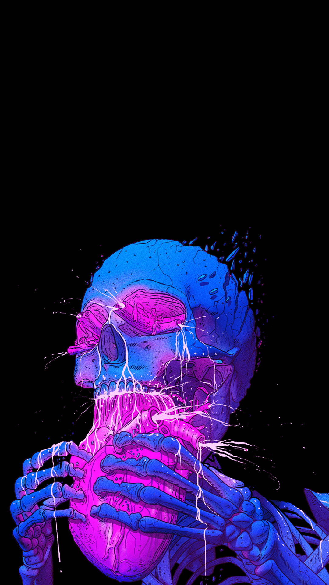 AMOLED 荷爾蒙霓虹骷髏 壁紙 — 一個發光的藍色和粉紅色骷髏人物在黑色虛空中懷抱著一個跳動的心臟，頭骨上有電能噼啪作響。