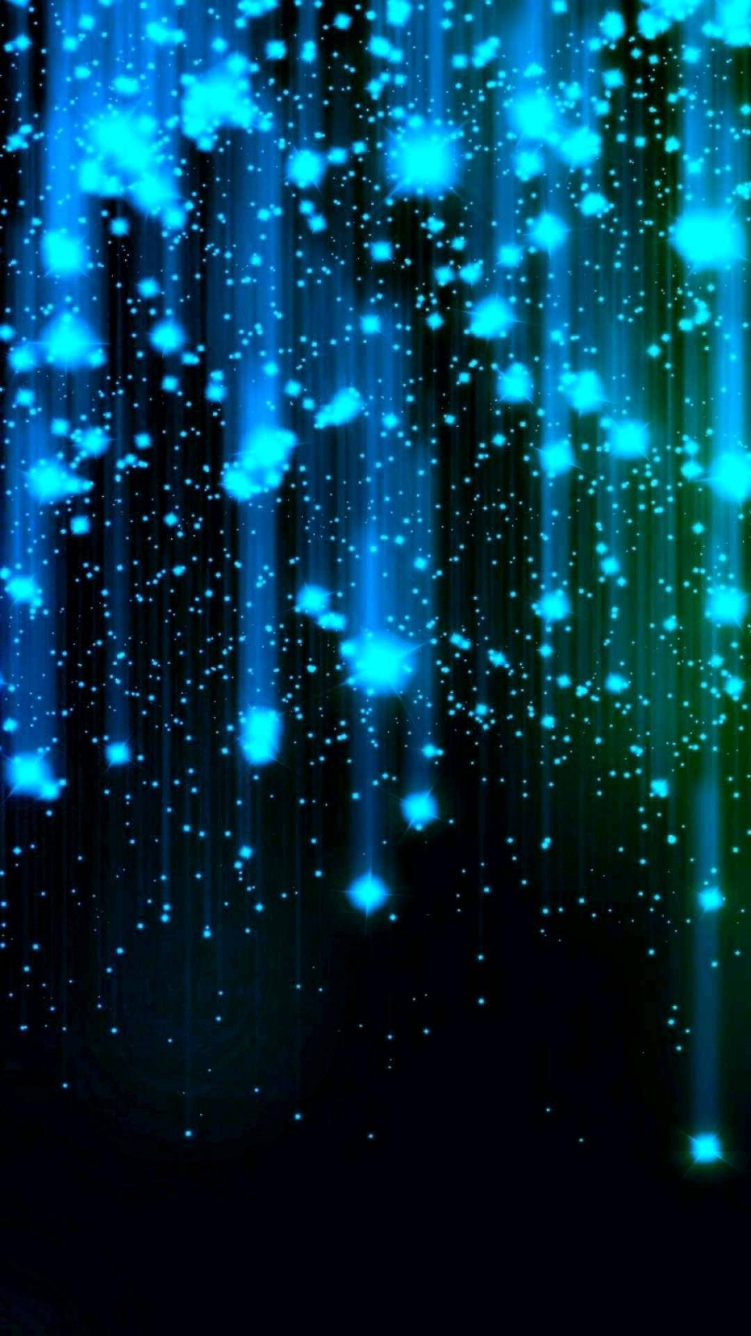 AMOLED 落下藍光 壁紙 — 鮮豔的藍色發光粒子像數位雨一樣在黑暗背景上層疊。