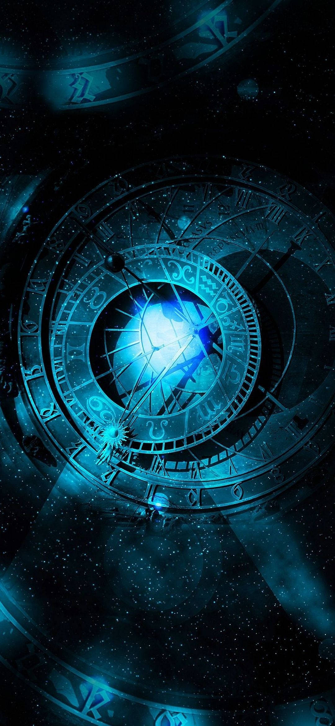 AMOLED 魔法指南針 壁紙 — 一個發光的藍色天體時鐘帶有黃道十二宮符號，漂浮在繁星點點的宇宙虛空中。