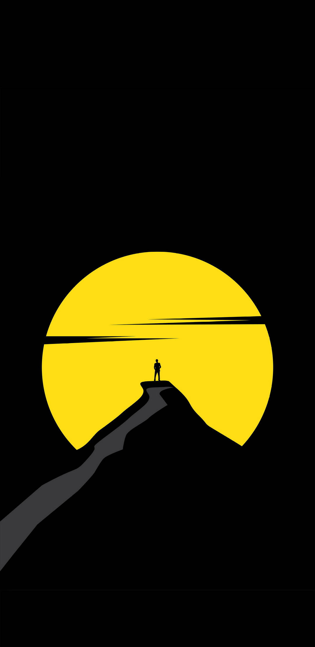 AMOLED 黃色滿月 壁紙 — 一個孤獨的剪影站在黑暗的山頂上，背後是巨大的發光黃色太陽。