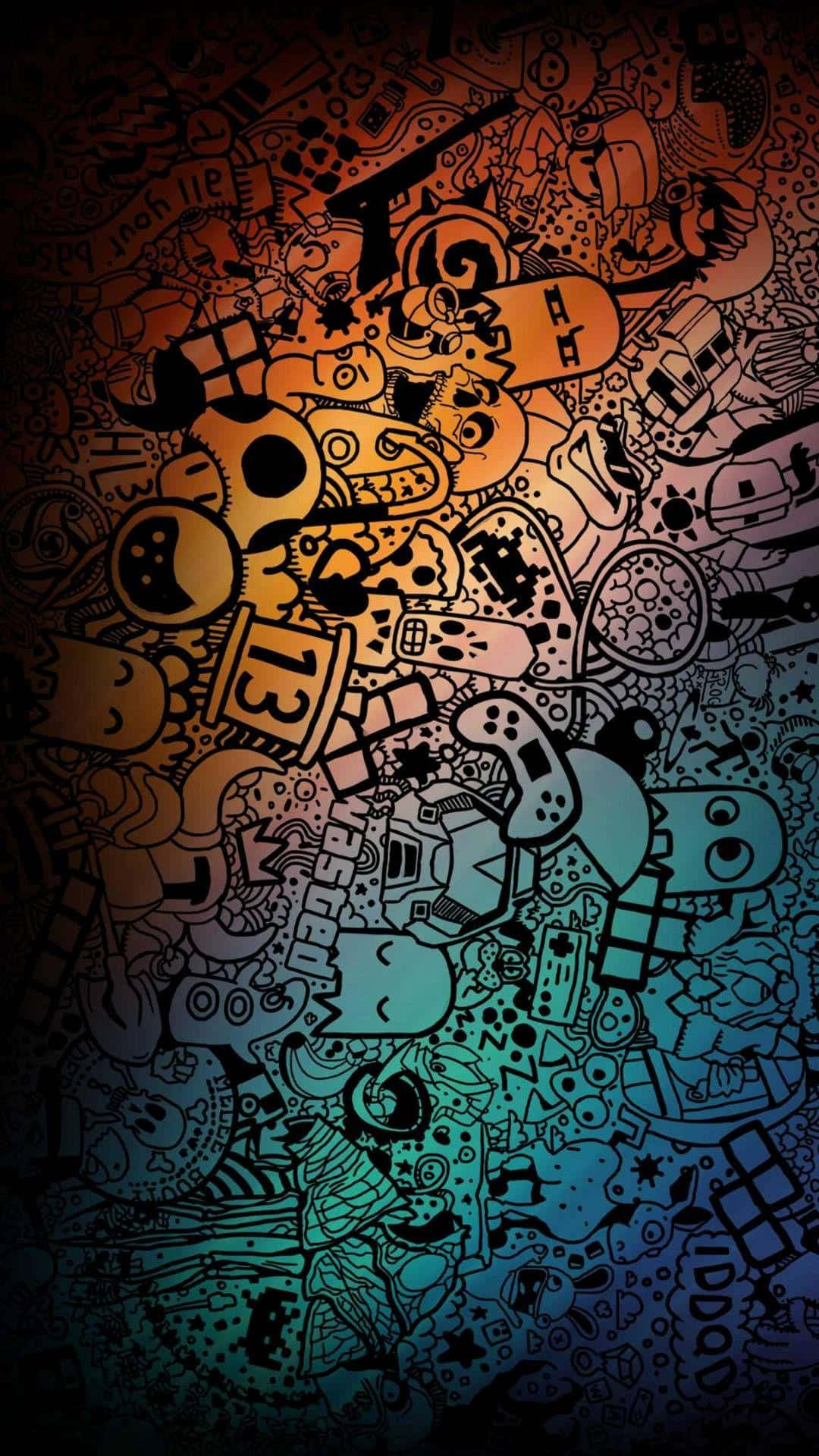 AMOLED塗鴉藝術畫 壁紙 — 充滿活力的漸變填充塗鴉拼貼畫，包含遊戲圖標和復古科技符號，色調從暖到冷。