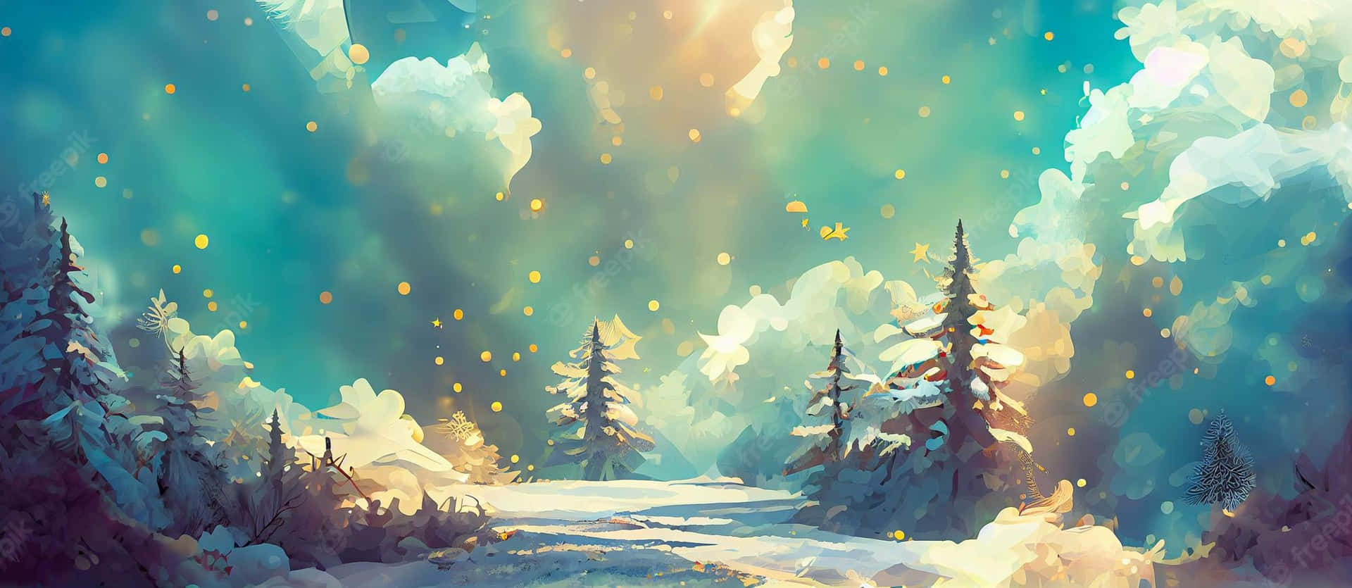積雪森林小徑，發光天空和金色粒子